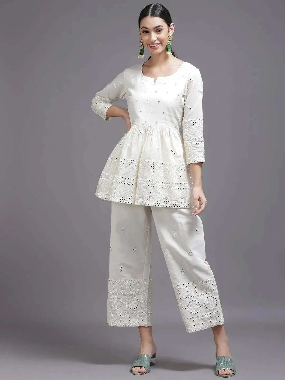 Off-White Mirror Work Cotton A-Line Kurti With Palazzos