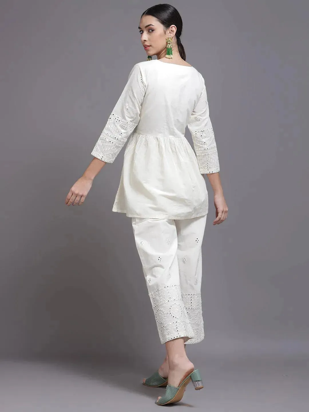 Off-White Mirror Work Cotton A-Line Kurti With Palazzos