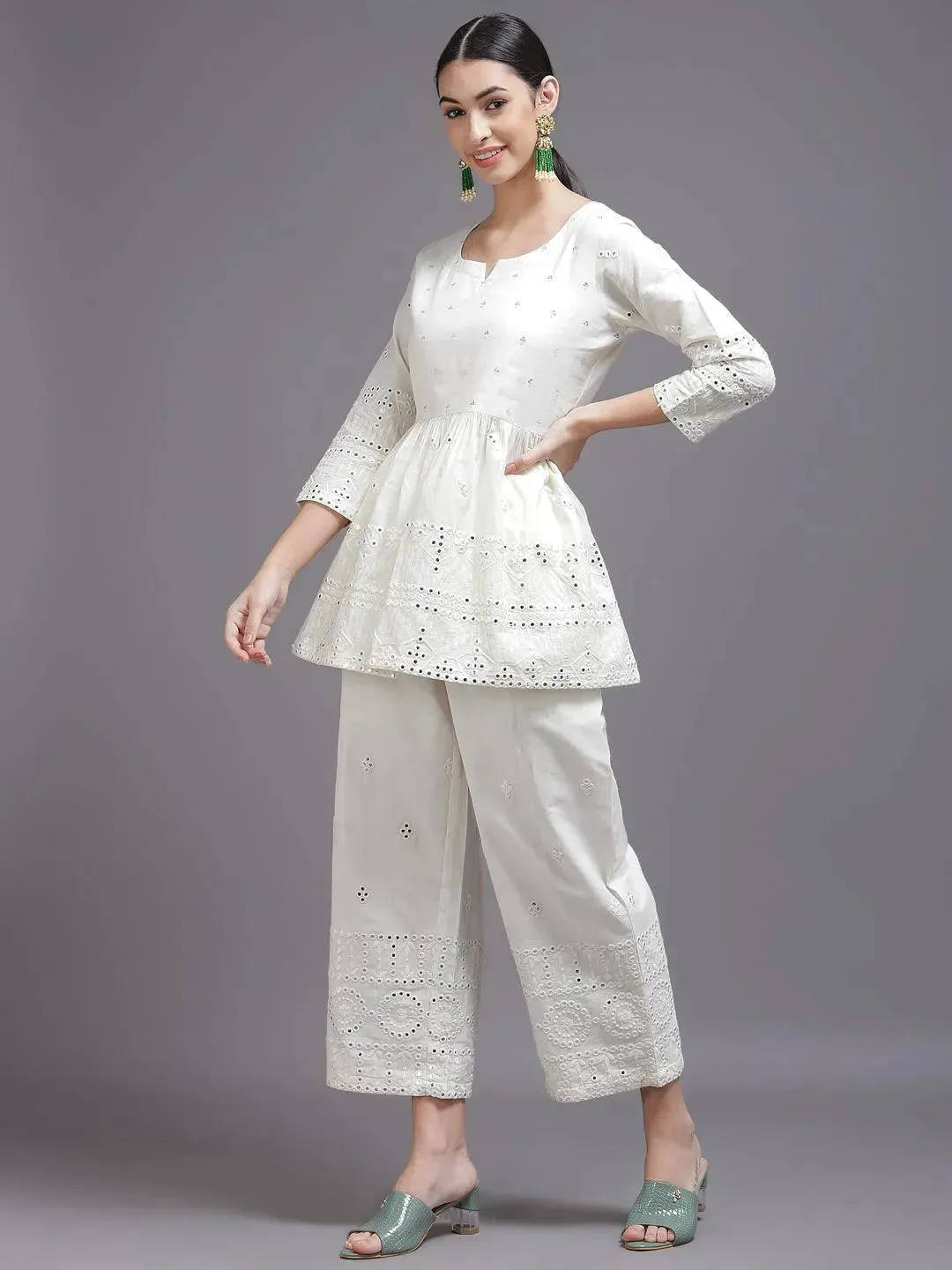 Off-White Mirror Work Cotton A-Line Kurti With Palazzos