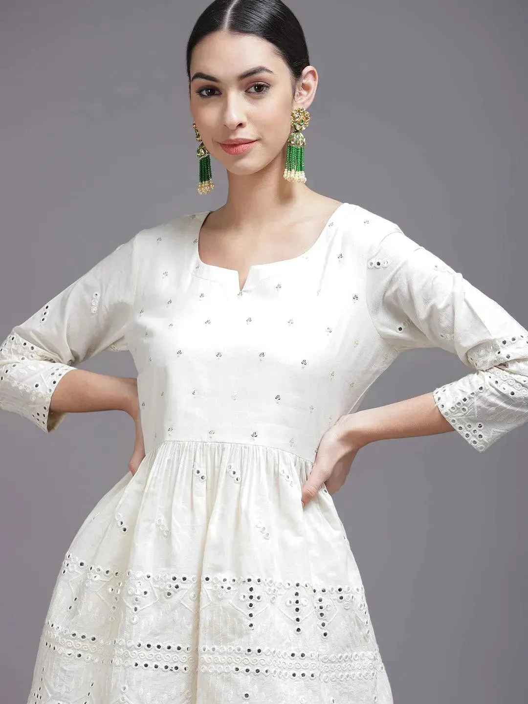 Off-White Mirror Work Cotton A-Line Kurti With Palazzos