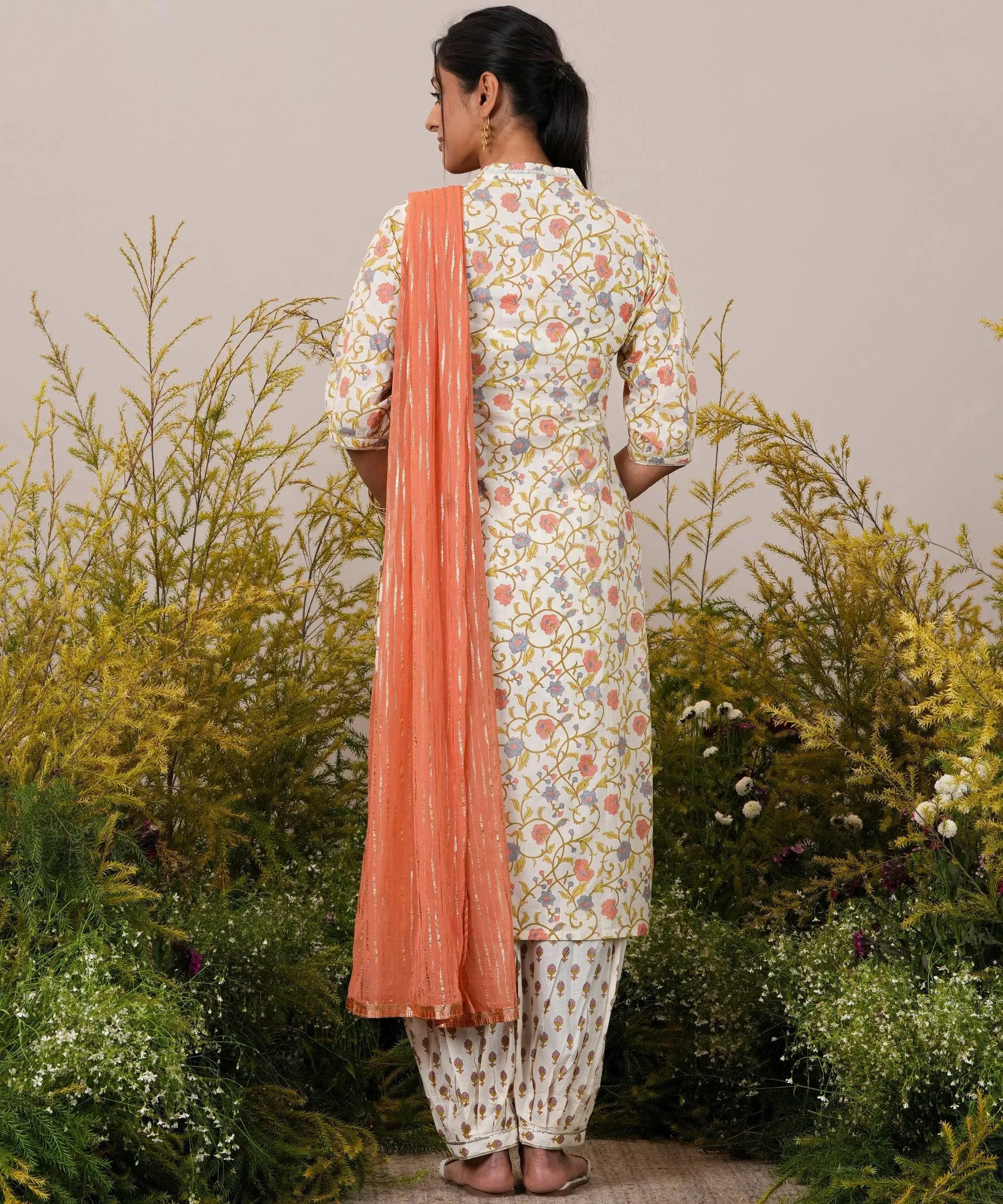 Off White Printed Cotton Straight Suit With Dupatta