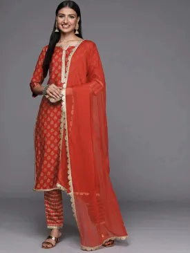 Orange Printed Silk Blend Straight Kurta With Dupatta