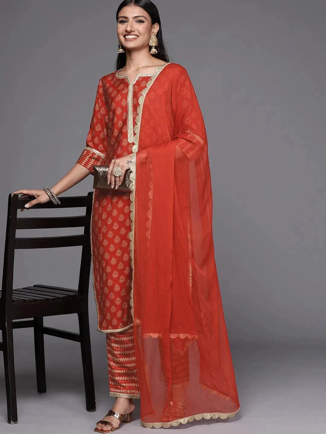 Orange Printed Silk Blend Straight Kurta With Dupatta