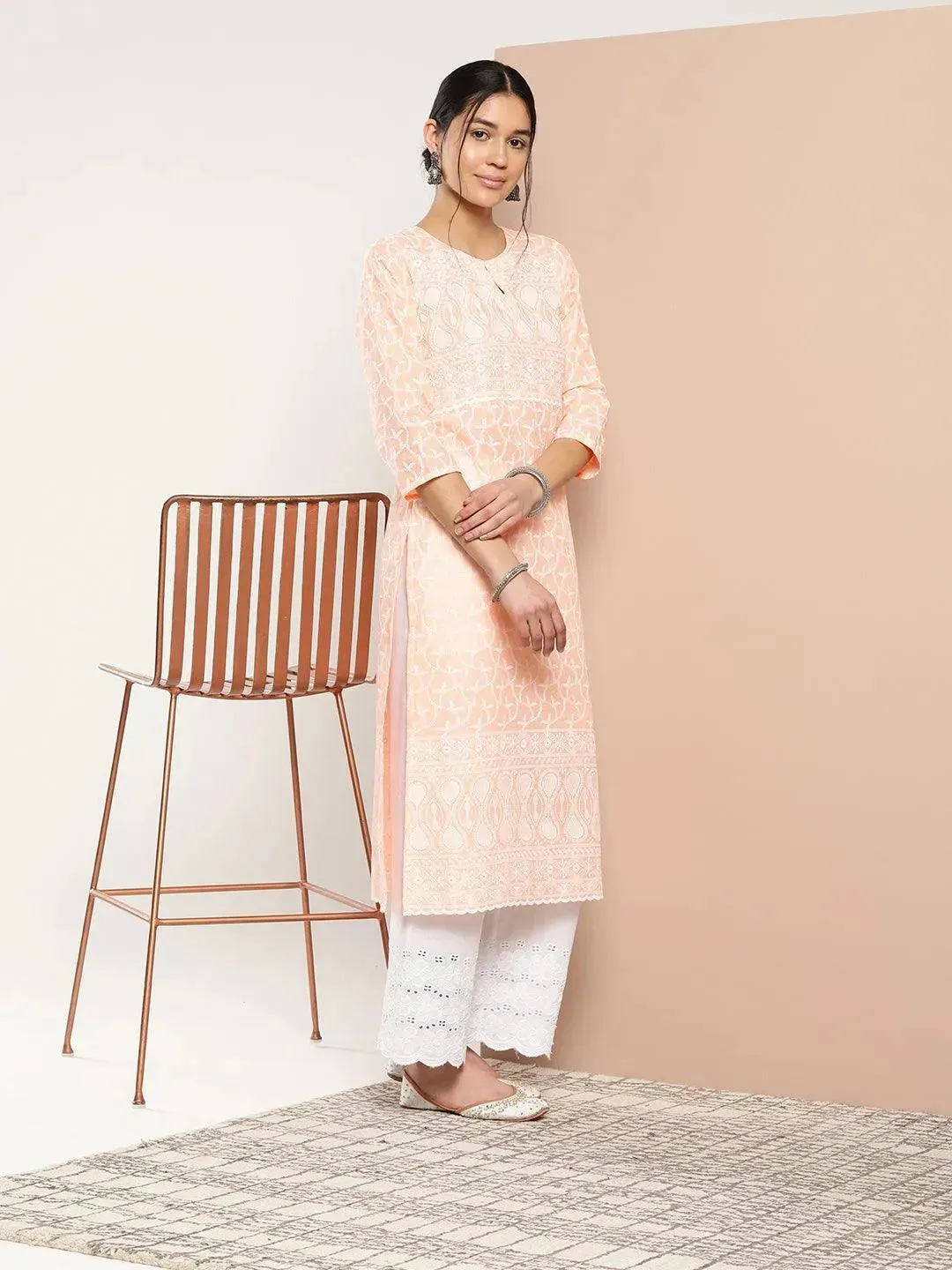 Peach Embroidered Cotton Straight Kurta