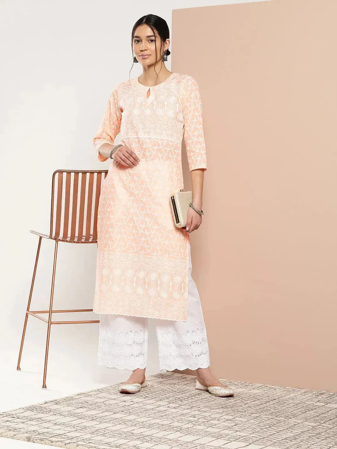 Peach Embroidered Cotton Straight Kurta