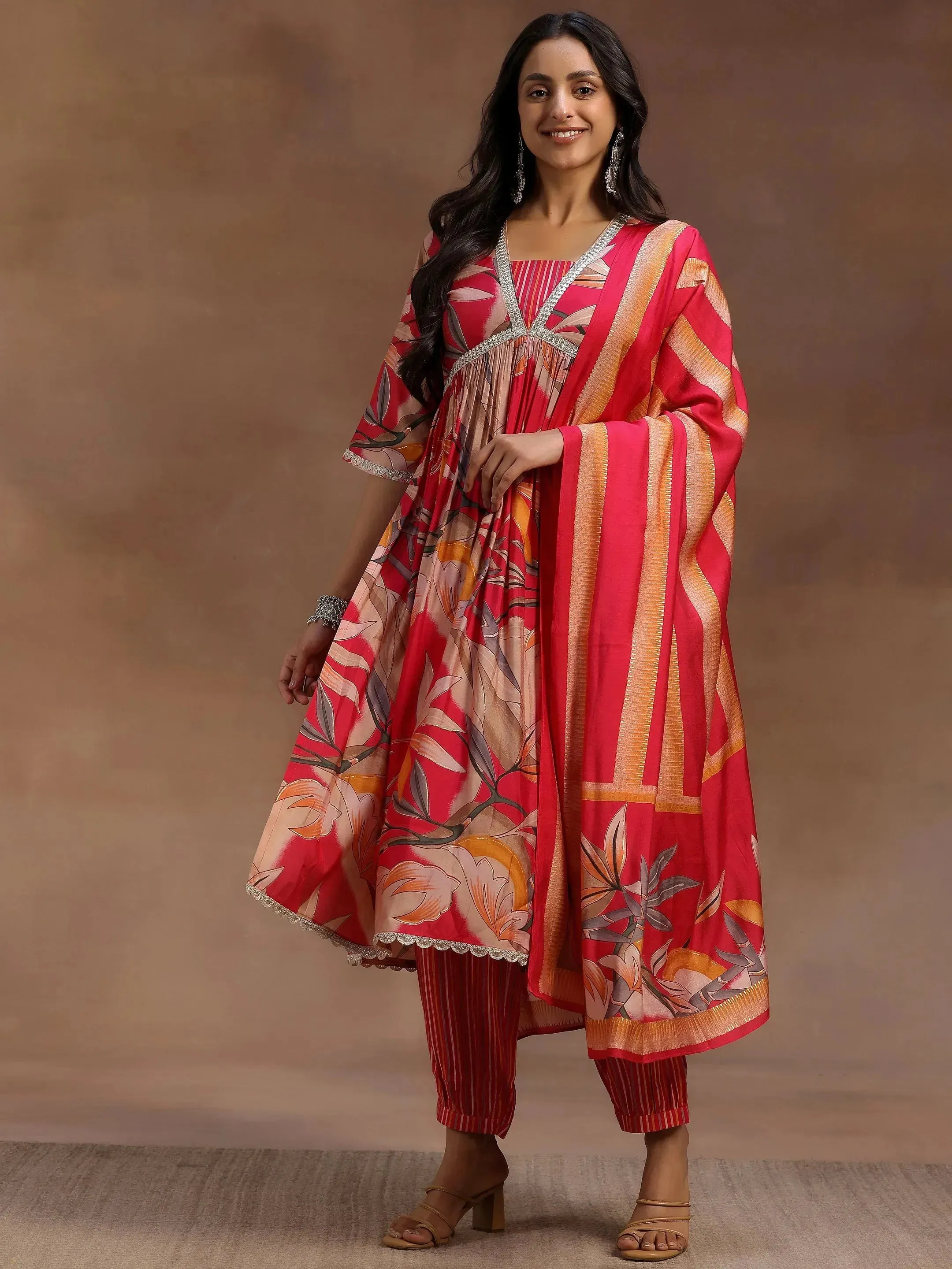 Pink Printed Silk Blend A-Line Kurta With Salwar & Dupatta