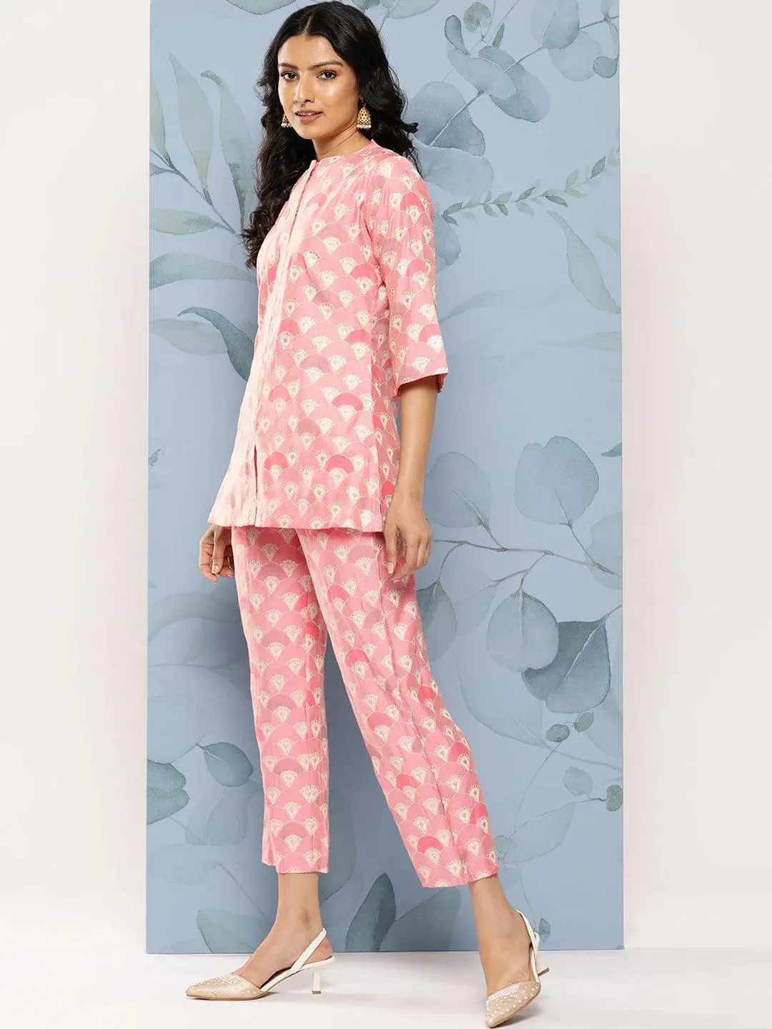 Pink Printed Silk Blend Top Tunic With Trousers