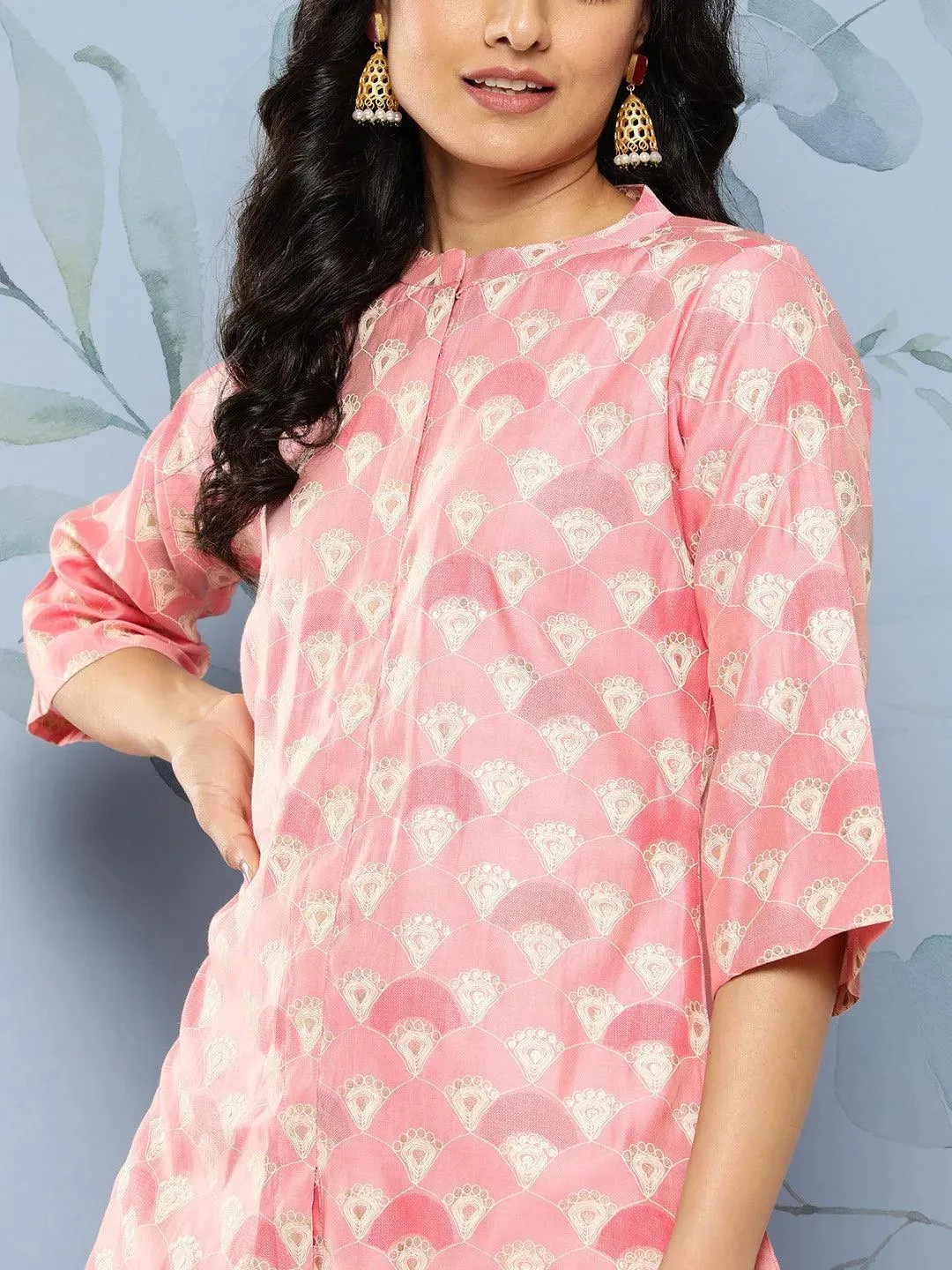 Pink Printed Silk Blend Top Tunic With Trousers