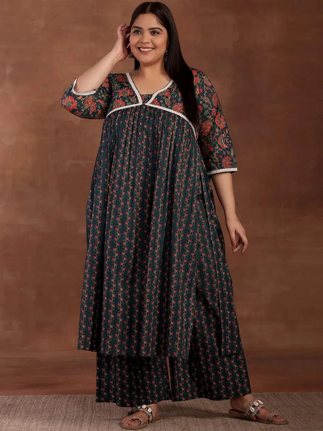 Plus Size Blue Printed Cotton A-Line Kurta With Palazzos