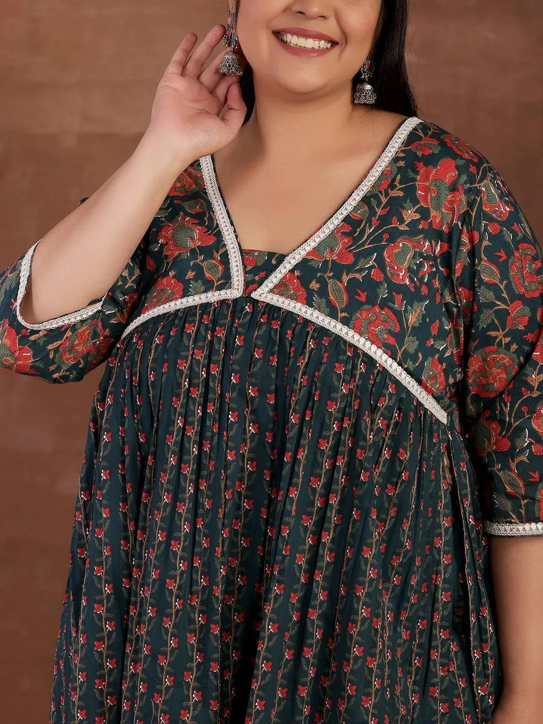 Plus Size Blue Printed Cotton A-Line Kurta With Palazzos