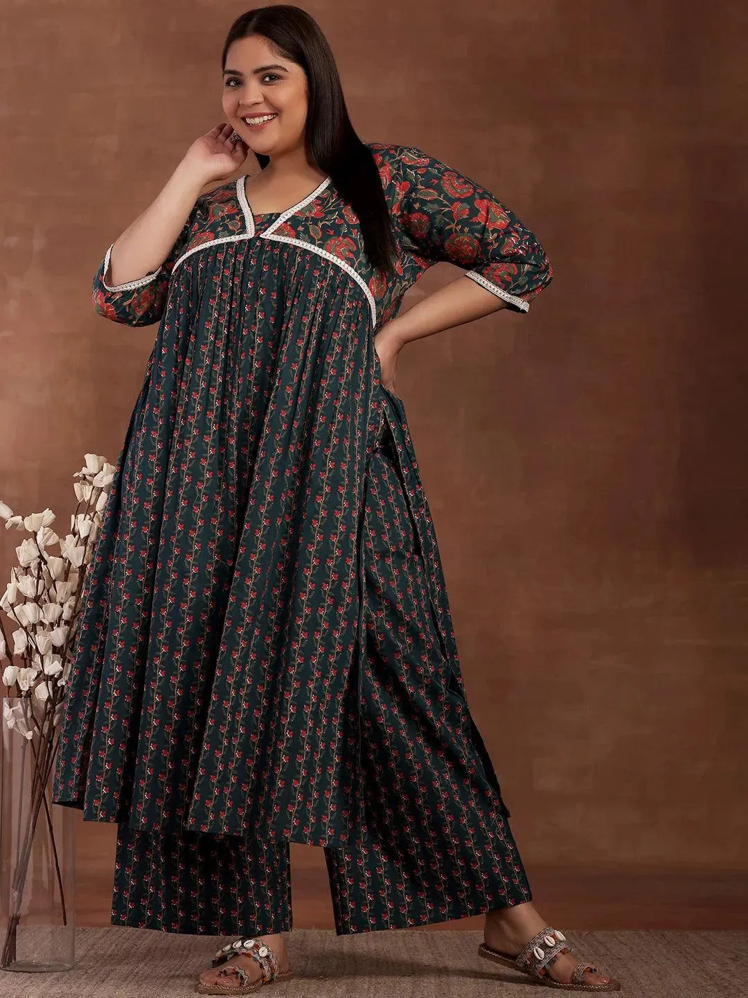 Plus Size Blue Printed Cotton A-Line Kurta With Palazzos