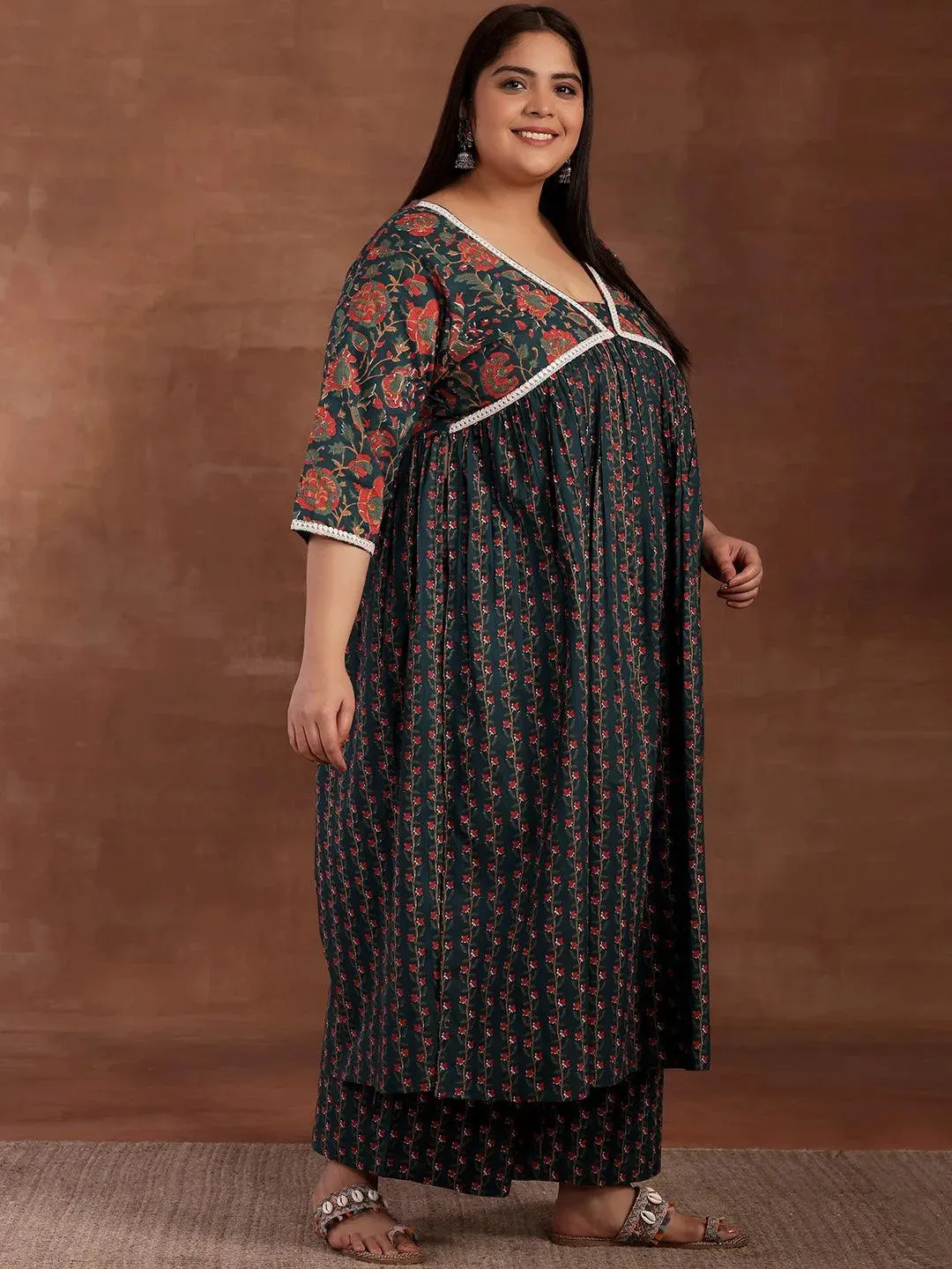 Plus Size Blue Printed Cotton A-Line Kurta With Palazzos