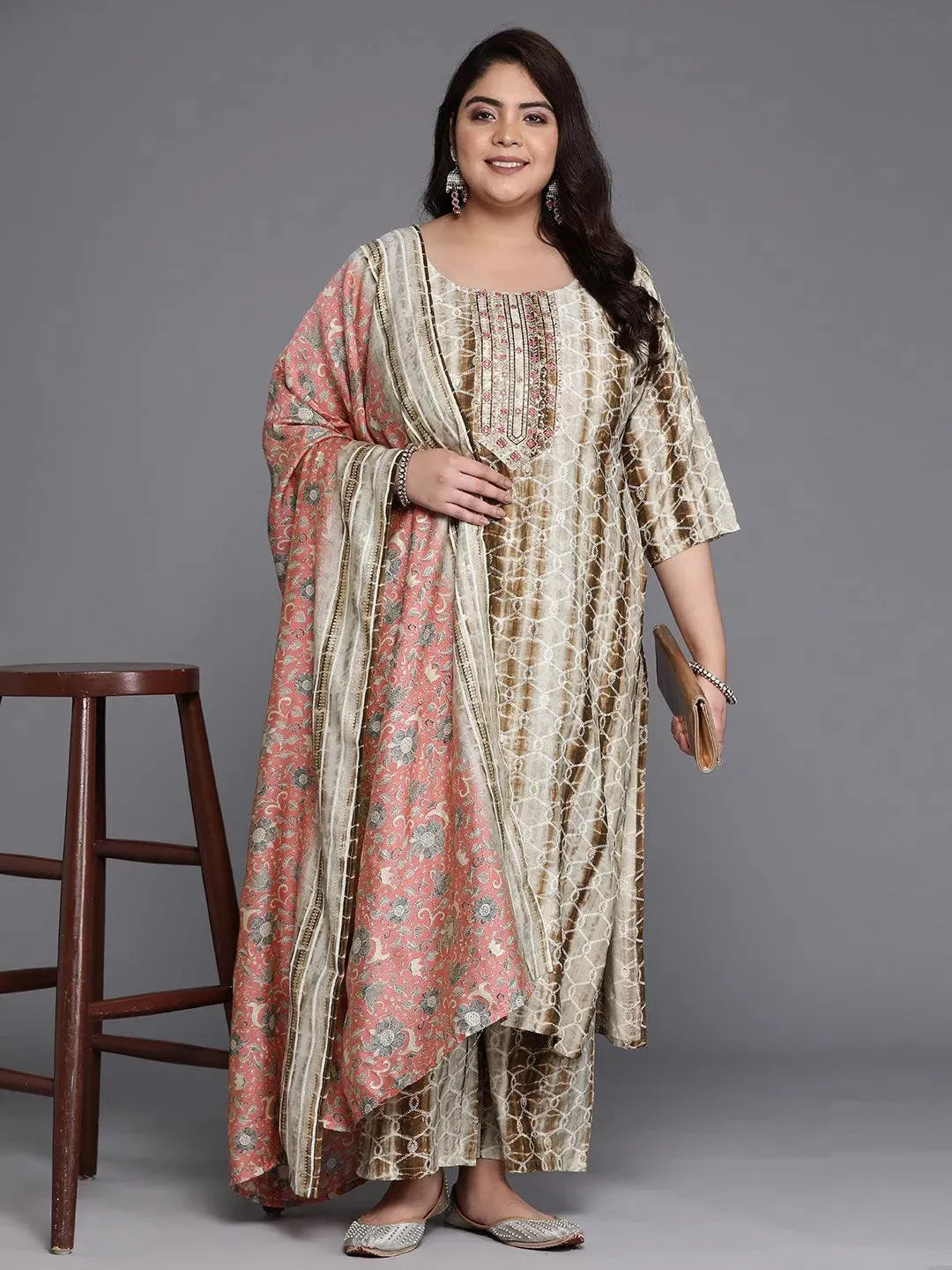 Plus Size Brown Yoke Design Silk Blend Straight Kurta With Trousers & Dupatta