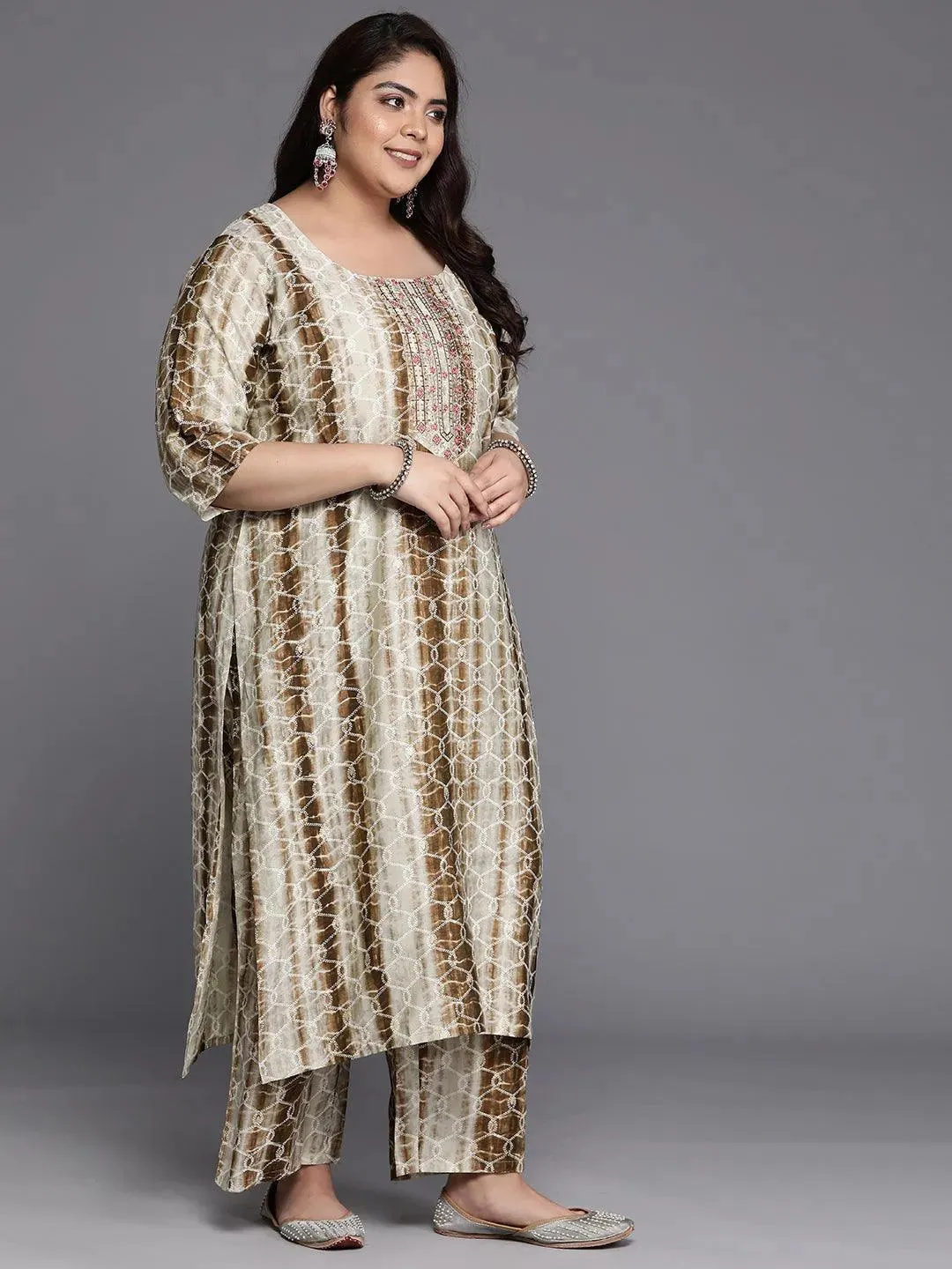 Plus Size Brown Yoke Design Silk Blend Straight Kurta With Trousers & Dupatta