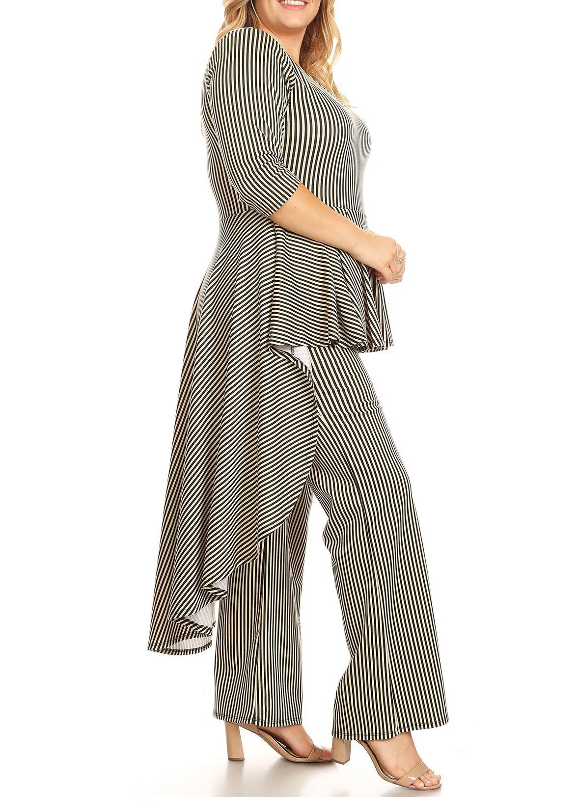 Plus Size Striped Hi- Low Top and Wide Leg Pants Jumpsuits