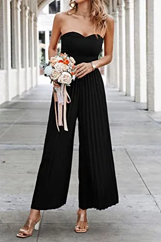 PRETTYGARDEN Women's Summer 2023 Sleeveless Jumpsuit Elegant Sweetheart Neck Pleated Wide Leg Pants Rompers (Black,XX-Large)