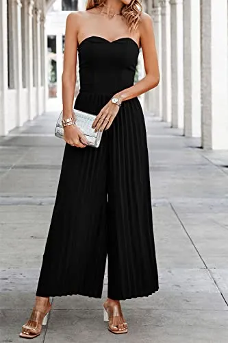 PRETTYGARDEN Women's Summer 2023 Sleeveless Jumpsuit Elegant Sweetheart Neck Pleated Wide Leg Pants Rompers (Black,XX-Large)