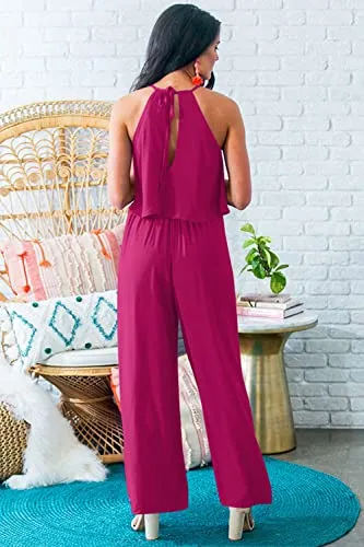 PRETTYGRADEN Women's Casual Summer Sleeveless Jumpsuit Halter Neck Wide Leg Pants Rompers One Piece Outfits (Rose Red,X-Large)