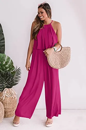 PRETTYGRADEN Women's Casual Summer Sleeveless Jumpsuit Halter Neck Wide Leg Pants Rompers One Piece Outfits (Rose Red,X-Large)