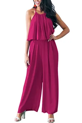 PRETTYGRADEN Women's Casual Summer Sleeveless Jumpsuit Halter Neck Wide Leg Pants Rompers One Piece Outfits (Rose Red,X-Large)