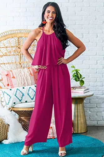 PRETTYGRADEN Women's Casual Summer Sleeveless Jumpsuit Halter Neck Wide Leg Pants Rompers One Piece Outfits (Rose Red,X-Large)