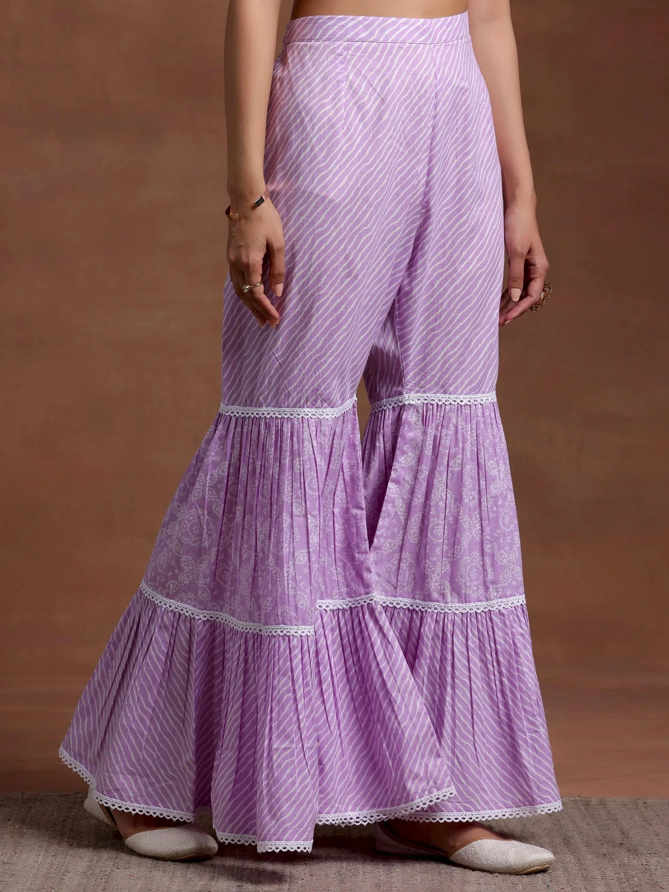 Purple Printed Cotton A-Line Kurta With Sharara & Dupatta