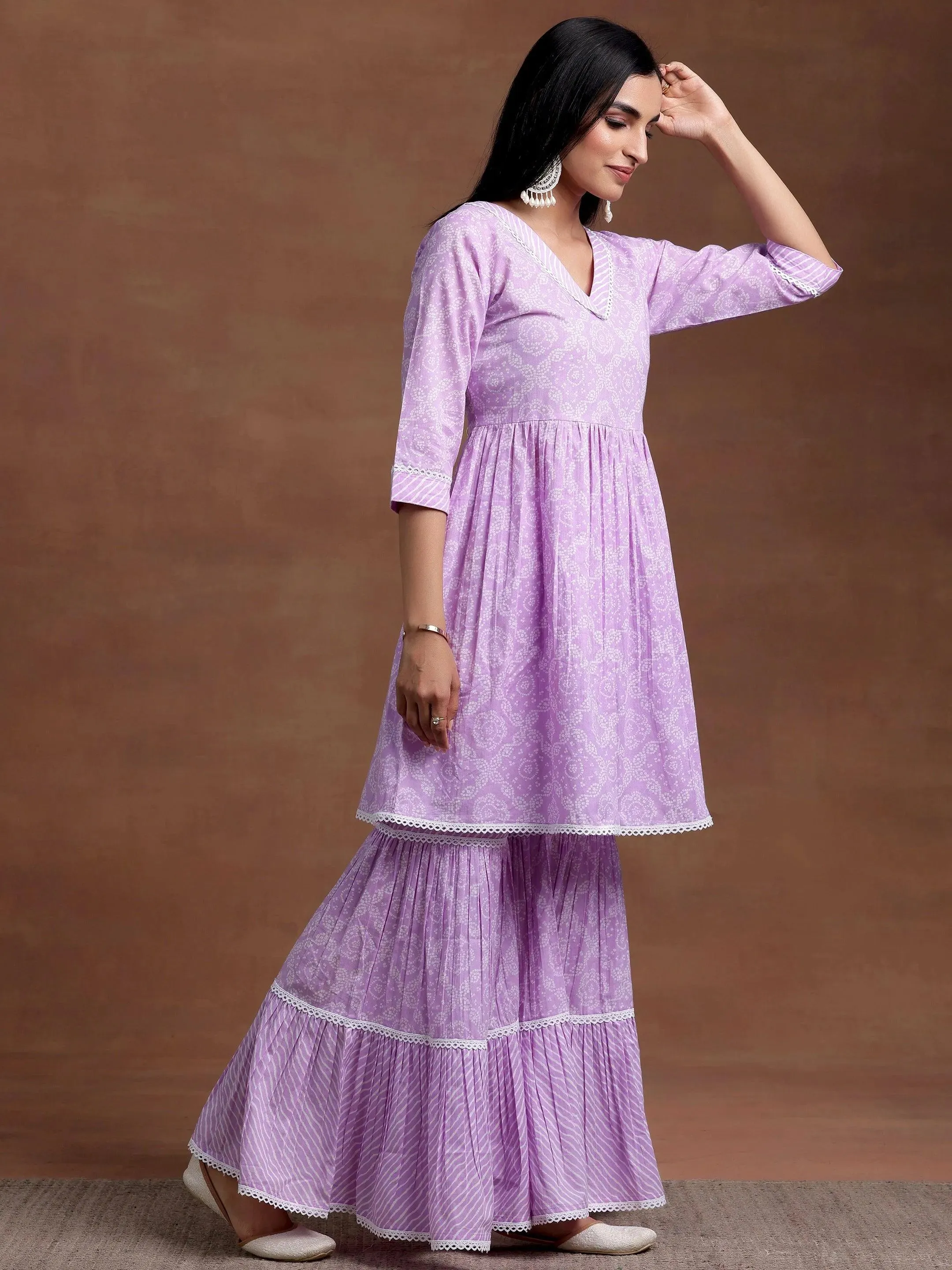 Purple Printed Cotton A-Line Kurta With Sharara & Dupatta