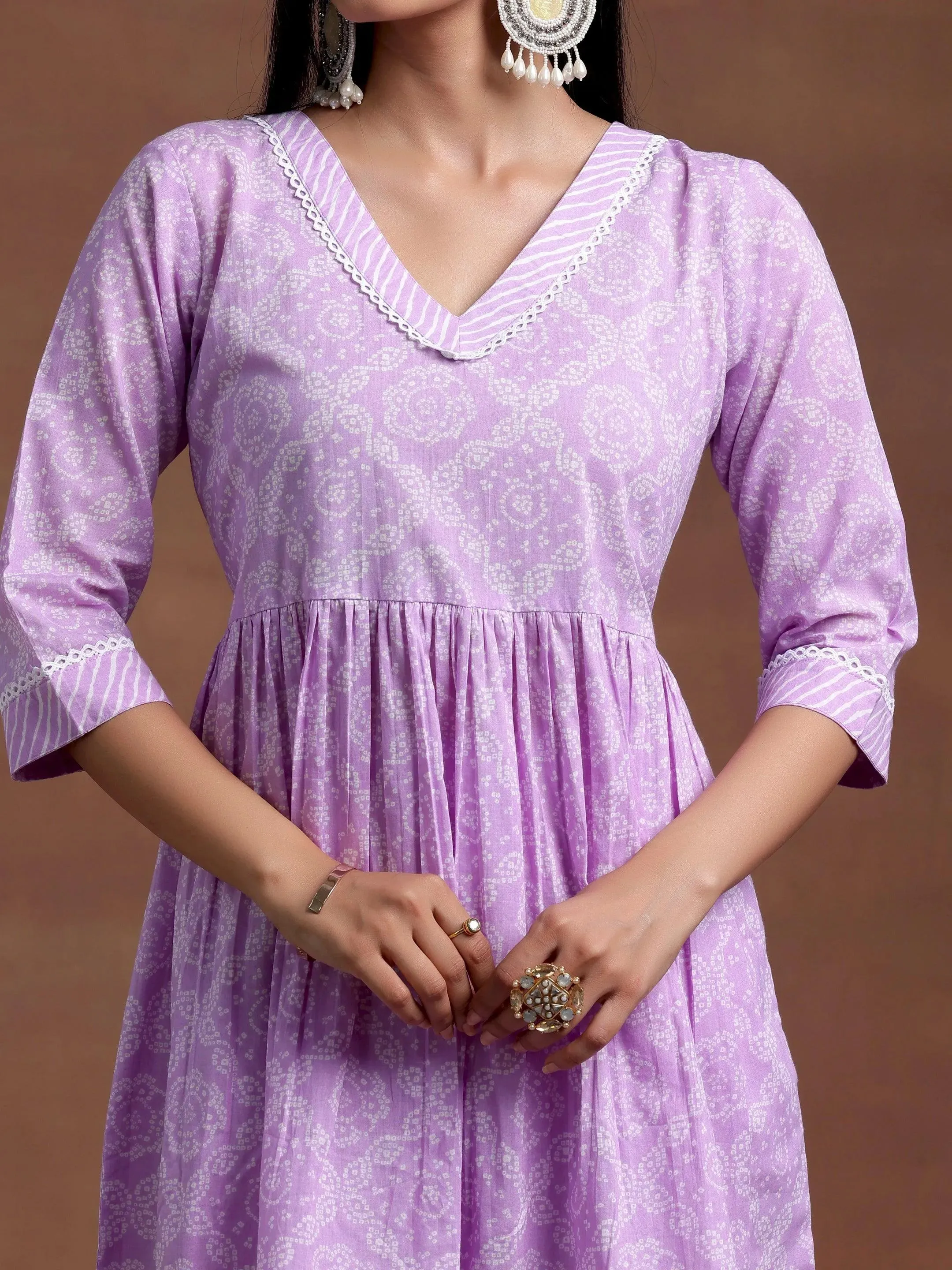 Purple Printed Cotton A-Line Kurta With Sharara & Dupatta