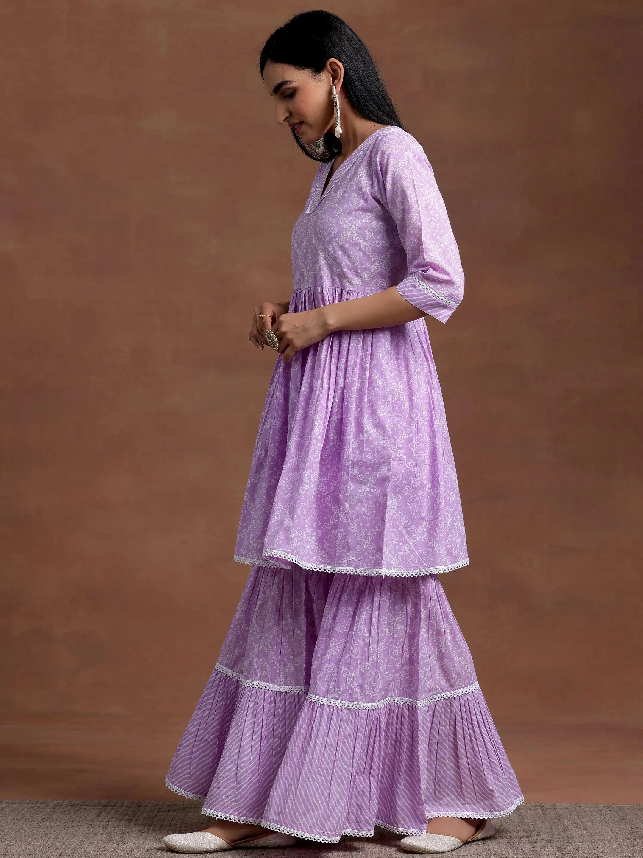 Purple Printed Cotton A-Line Kurta With Sharara & Dupatta