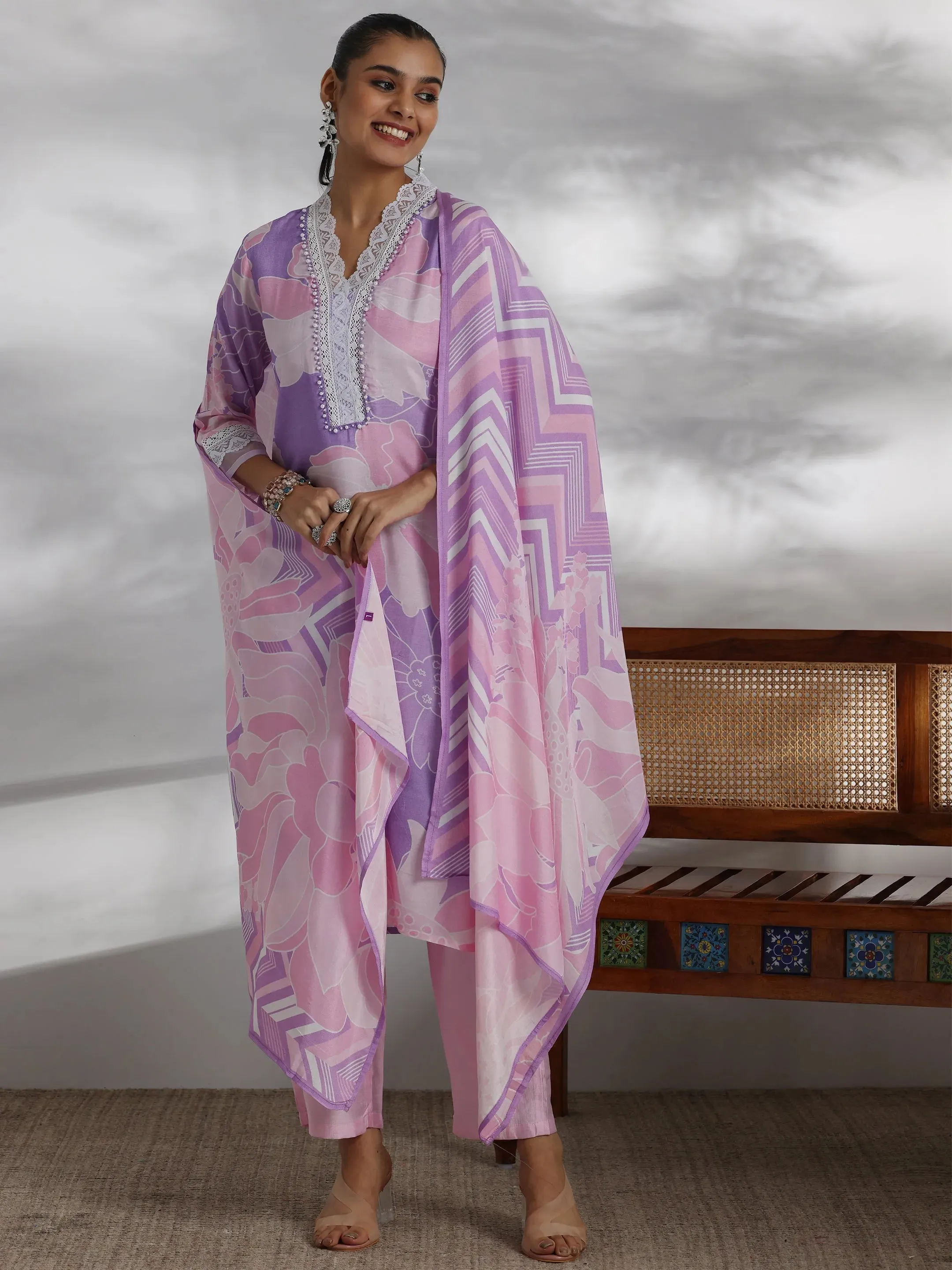 Purple Printed Cotton Blend Straight Suit With Dupatta