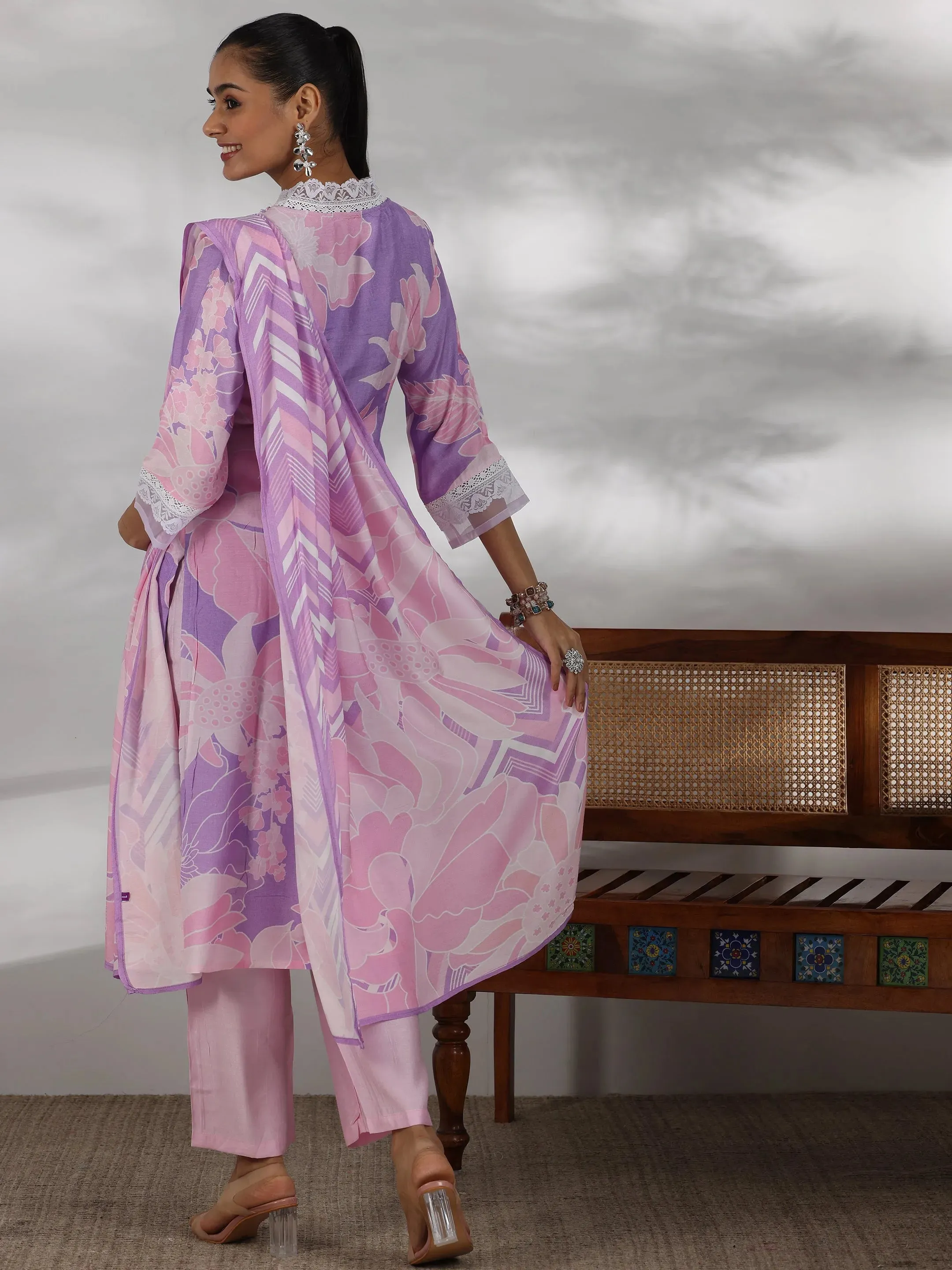 Purple Printed Cotton Blend Straight Suit With Dupatta