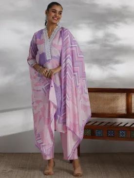 Purple Printed Cotton Blend Straight Suit With Dupatta