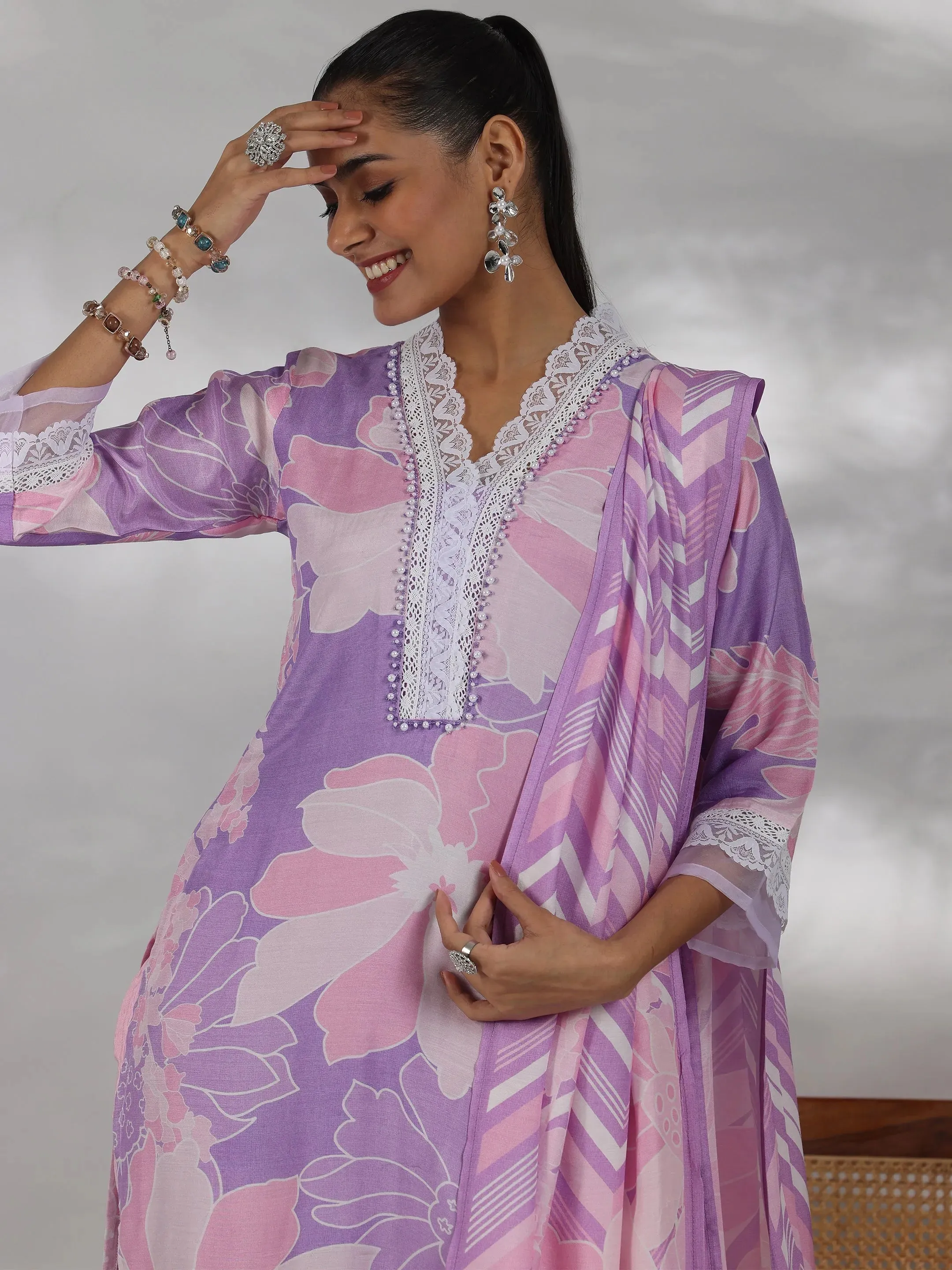 Purple Printed Cotton Blend Straight Suit With Dupatta