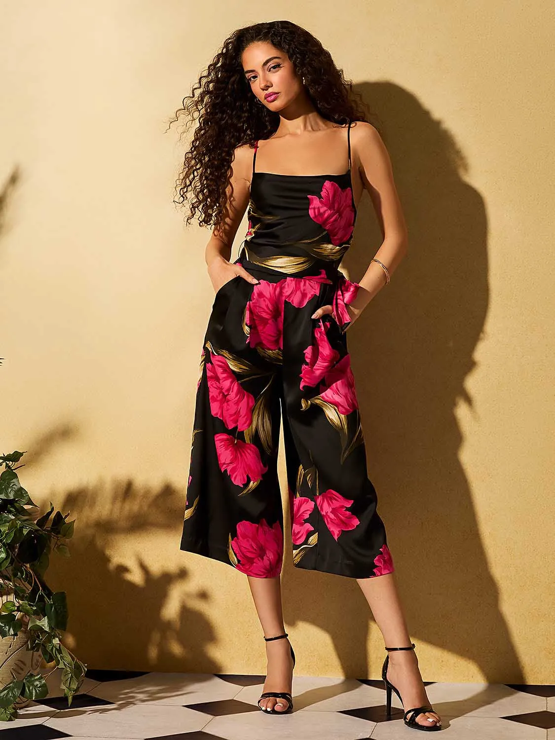 Satin Floral Print Cowl Neck Wide Leg Cullotte Jumpsuit