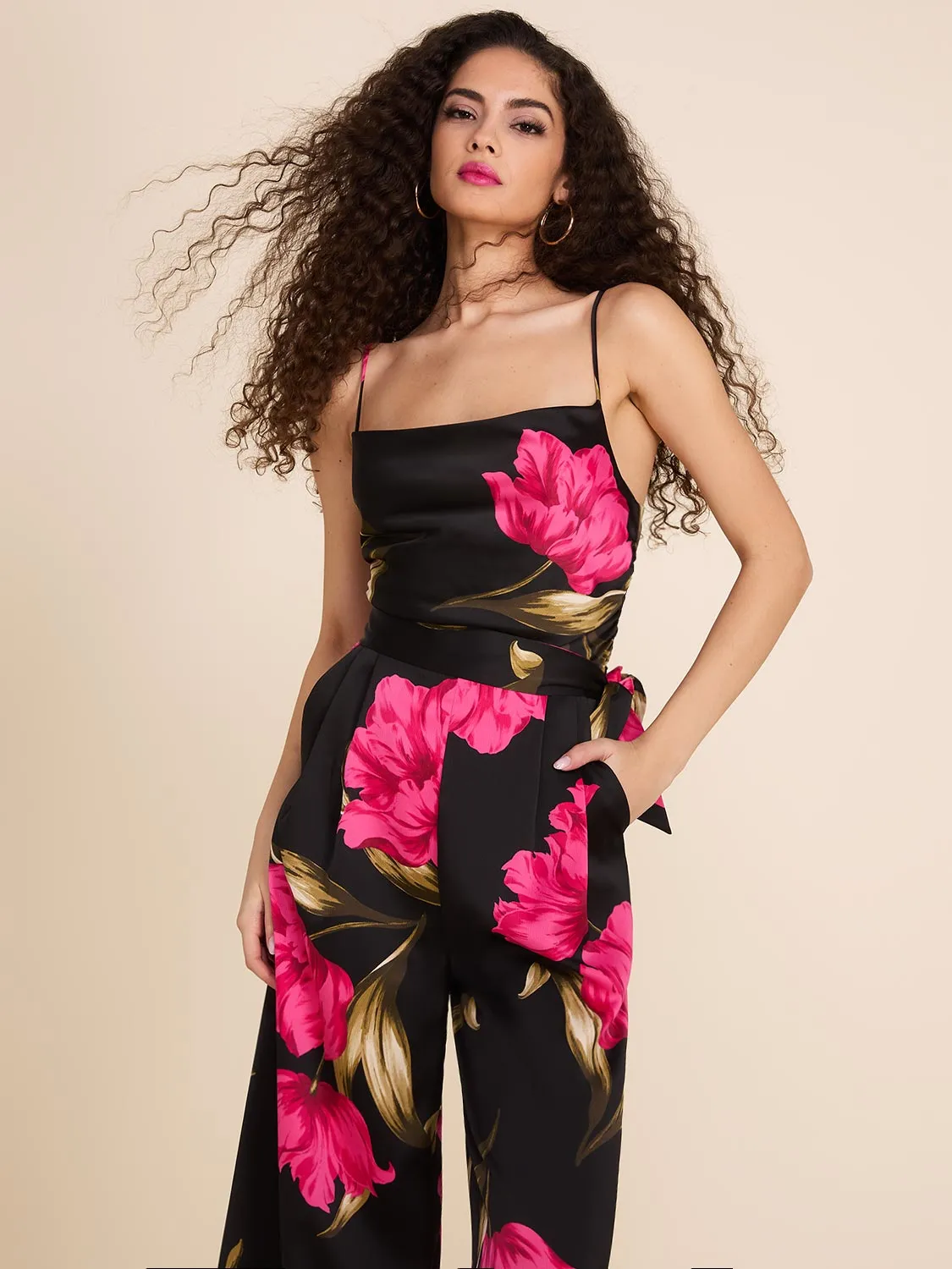 Satin Floral Print Cowl Neck Wide Leg Cullotte Jumpsuit