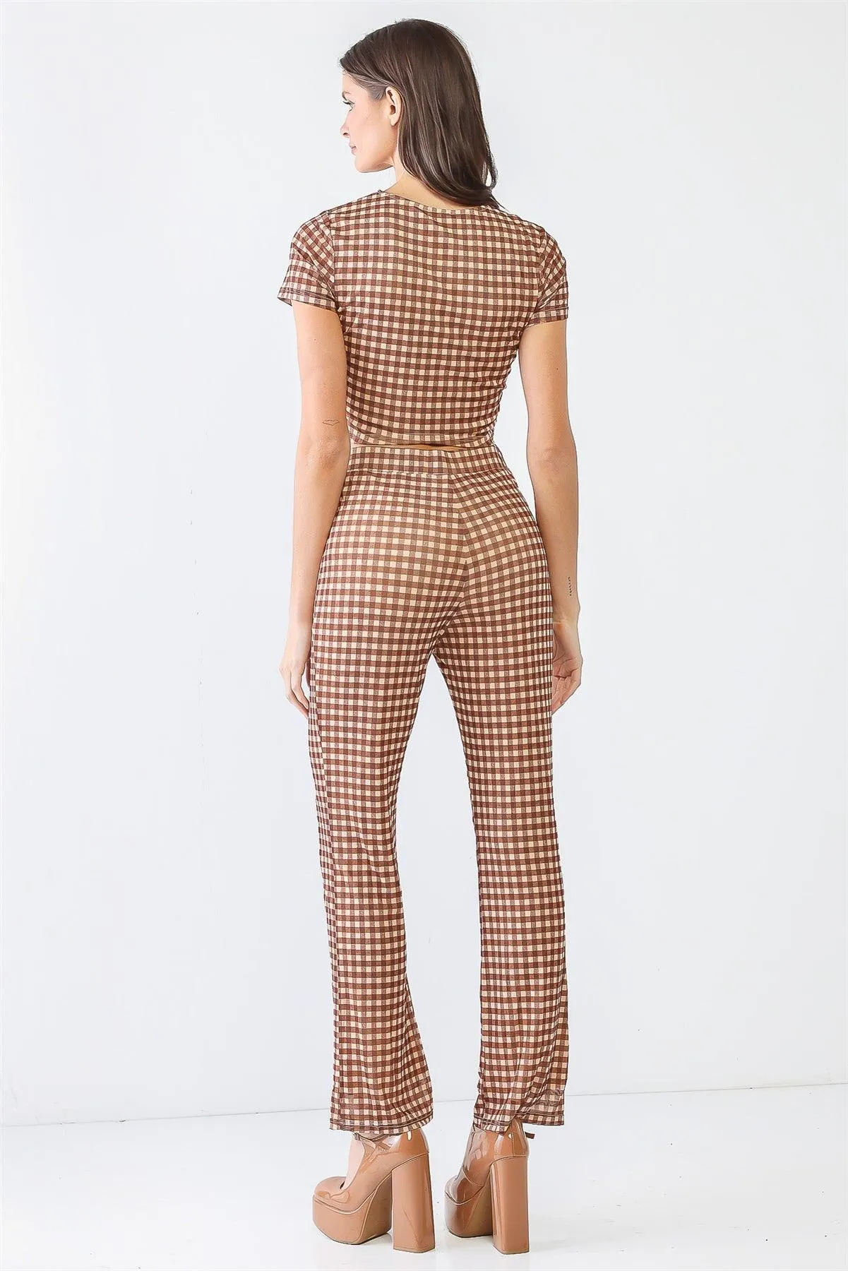 Tan & Brown Gingham Mesh Ruched Crop Top & High Waist Pants Set