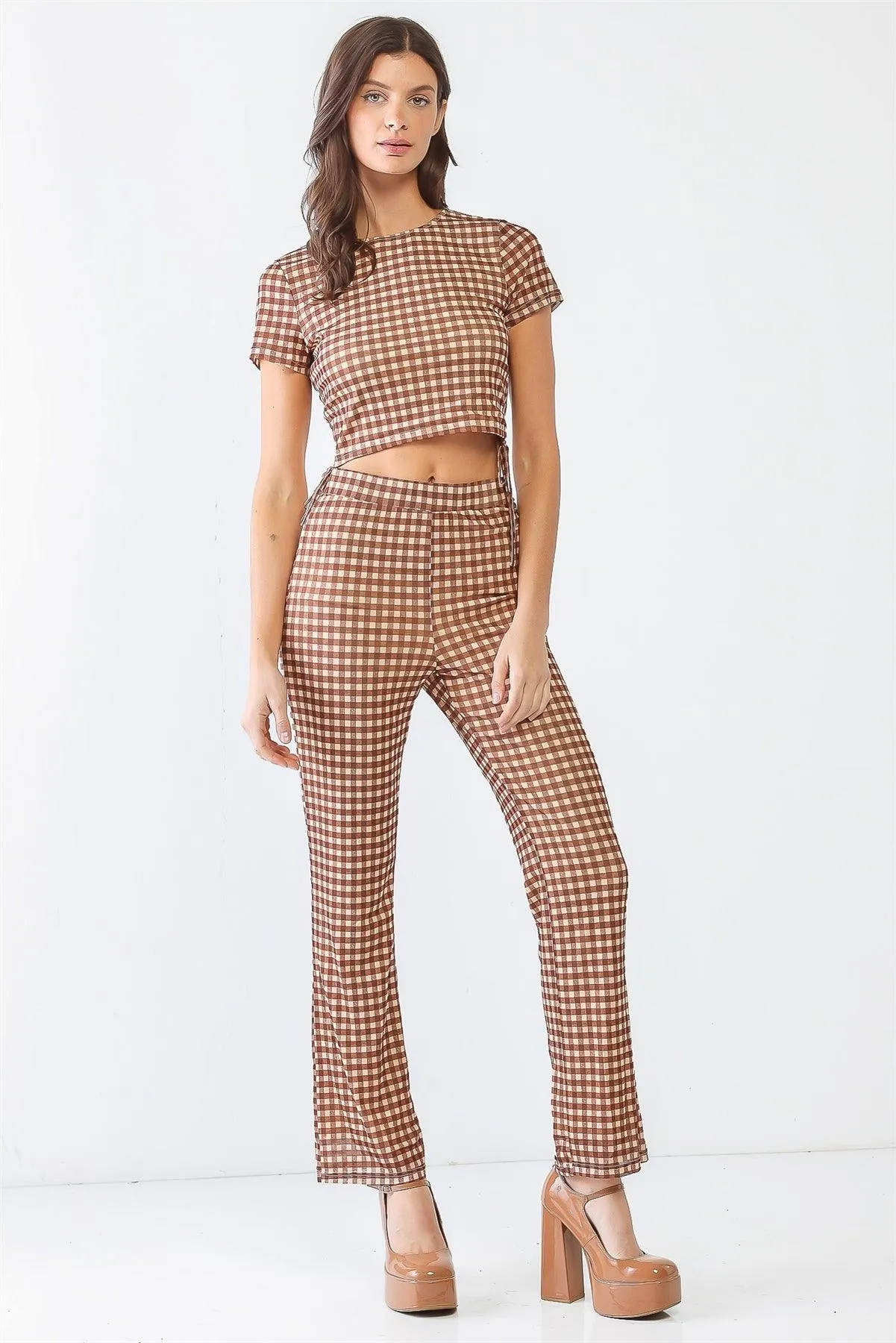 Tan & Brown Gingham Mesh Ruched Crop Top & High Waist Pants Set