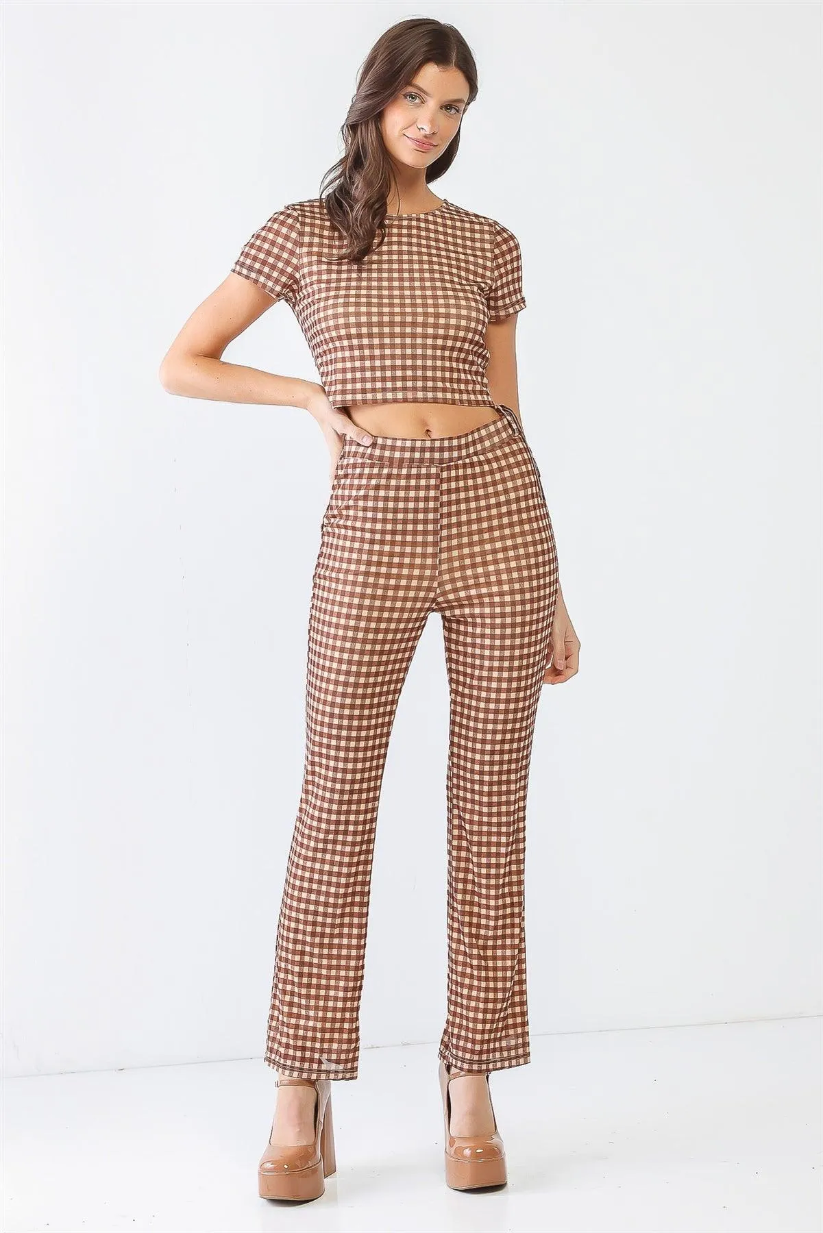 Tan & Brown Gingham Mesh Ruched Crop Top & High Waist Pants Set