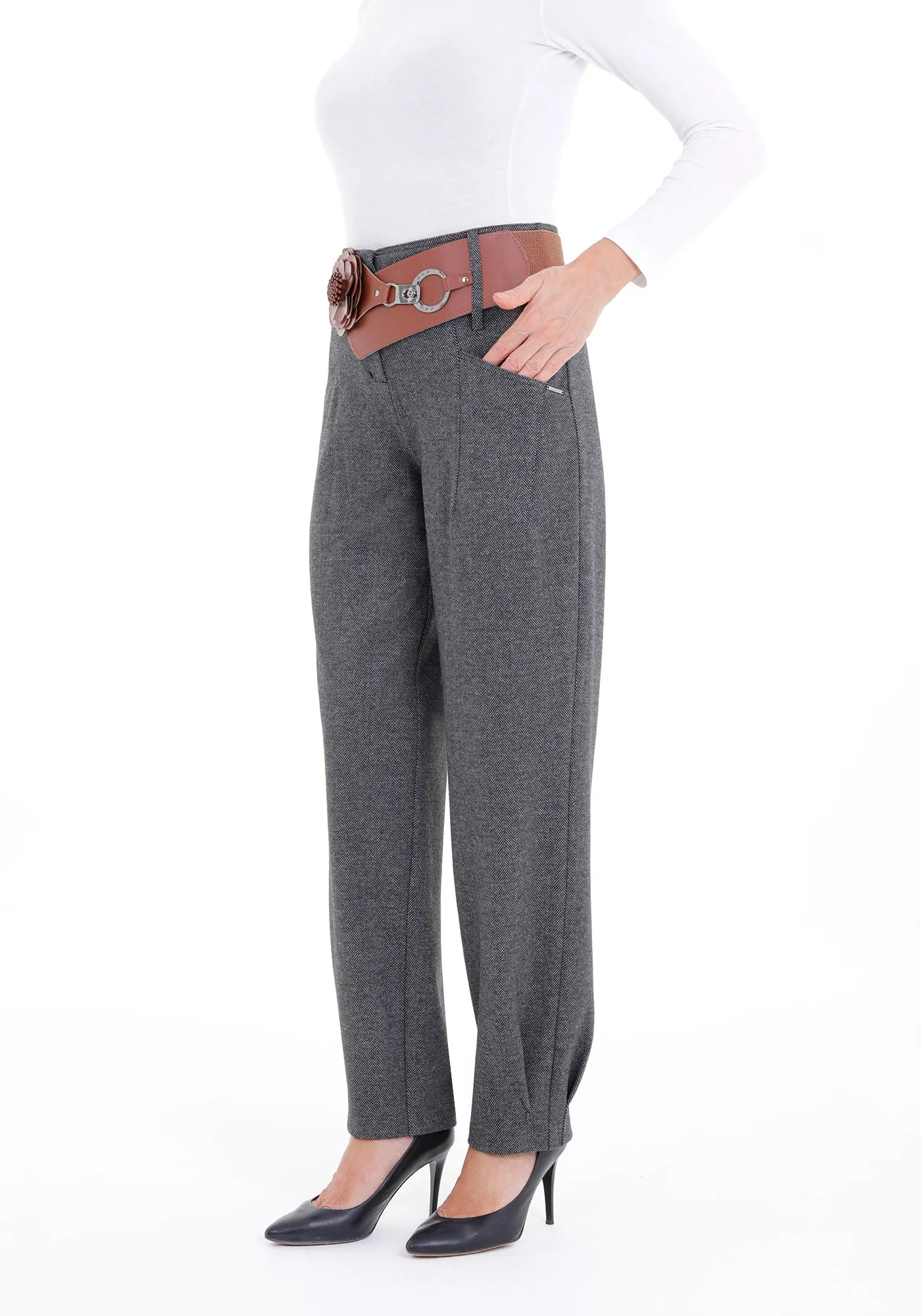 Tapered Herringbone Patterned Pants with Leather Floral Belt