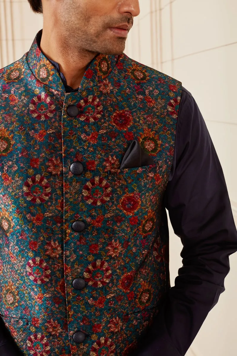 Teal Floral Brocade Bundi