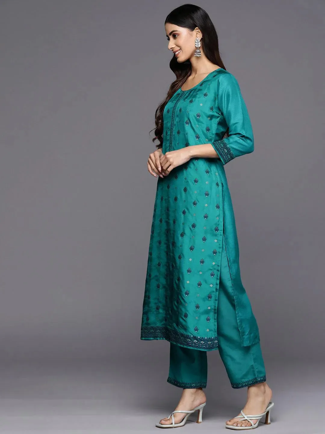 Turquoise Blue Self Design Silk Blend Straight Kurta With Trousers & Dupatta