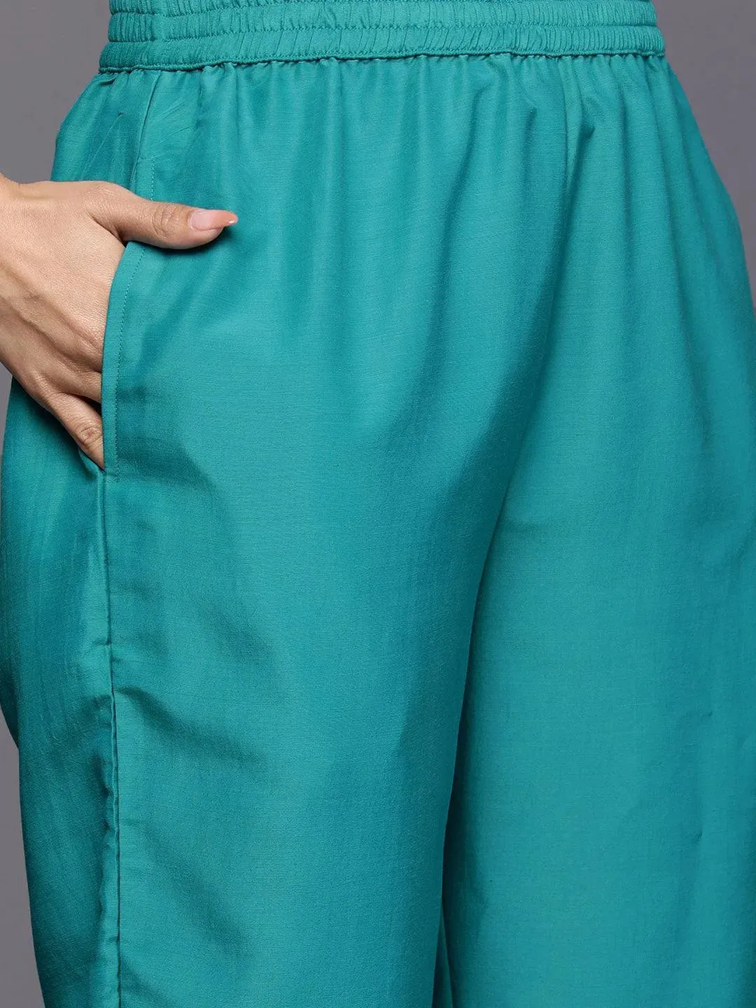 Turquoise Blue Self Design Silk Blend Straight Kurta With Trousers & Dupatta