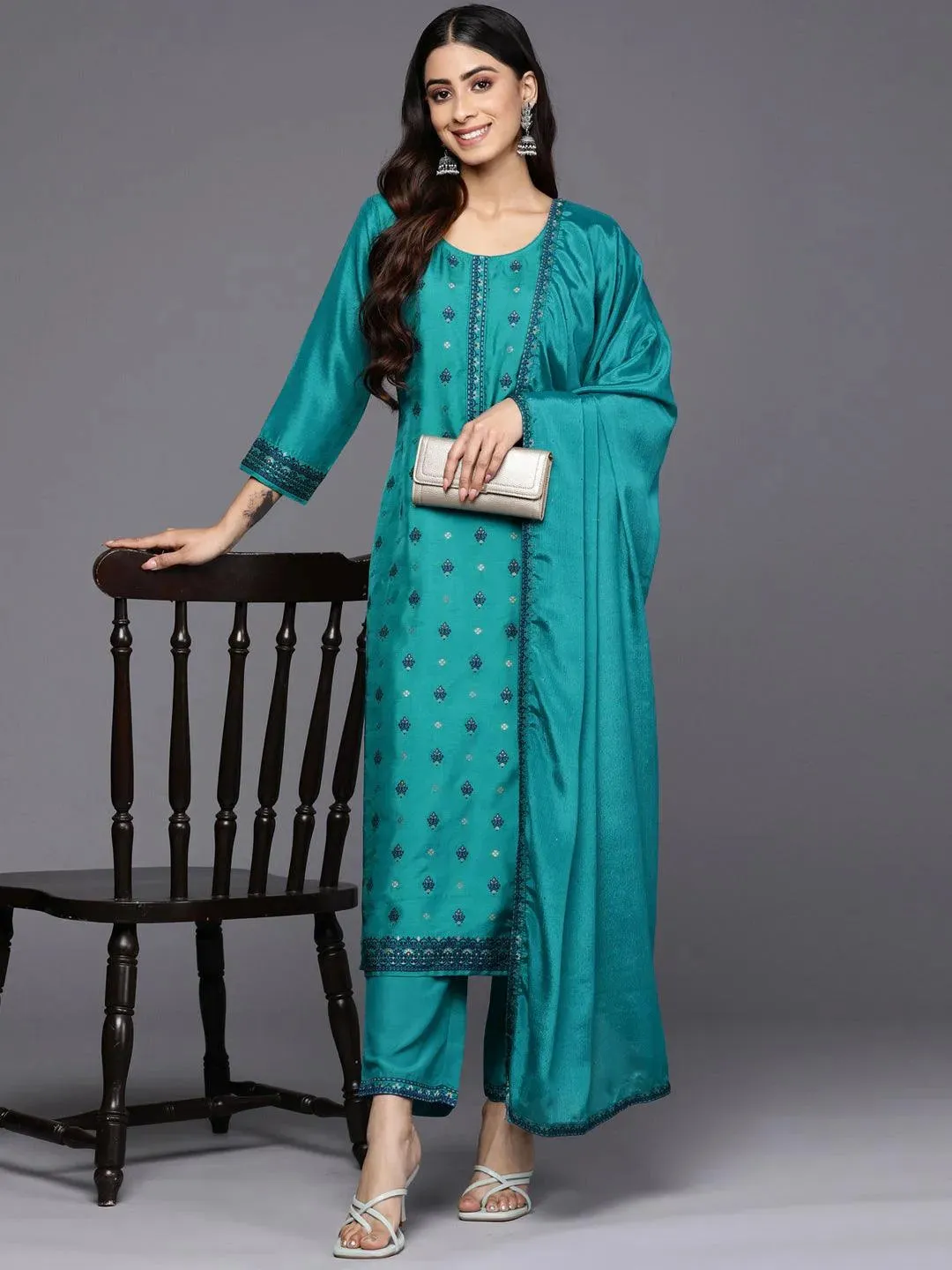 Turquoise Blue Self Design Silk Blend Straight Kurta With Trousers & Dupatta