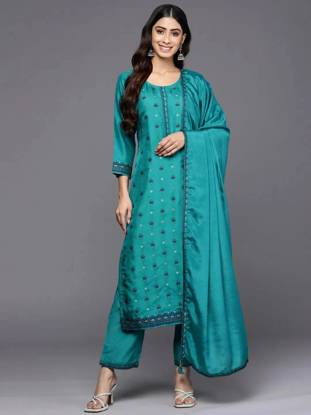 Turquoise Blue Self Design Silk Blend Straight Kurta With Trousers & Dupatta