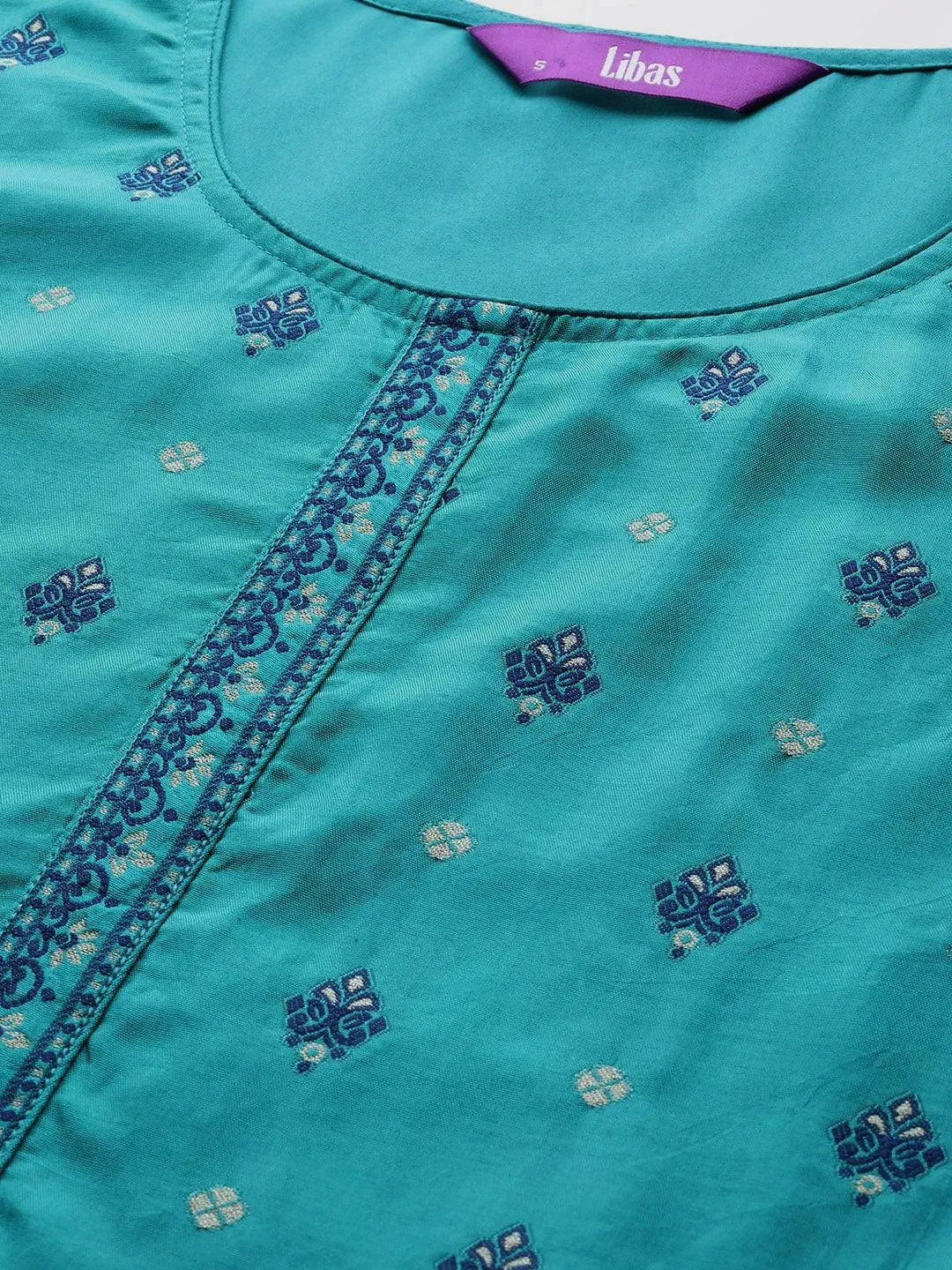 Turquoise Blue Self Design Silk Blend Straight Kurta With Trousers & Dupatta