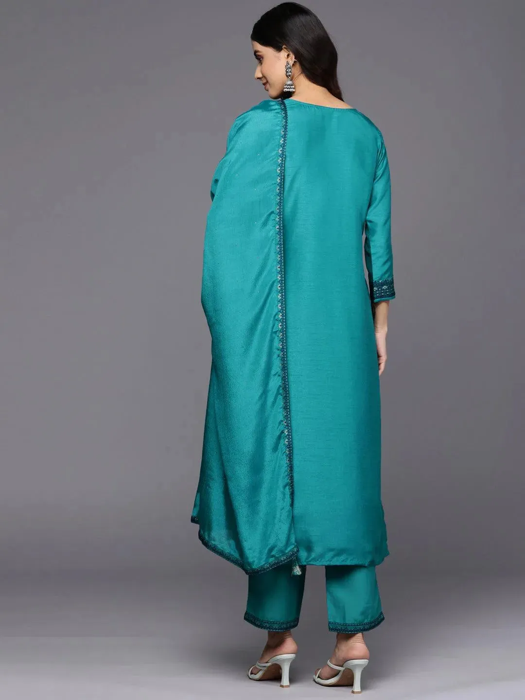 Turquoise Blue Self Design Silk Blend Straight Kurta With Trousers & Dupatta