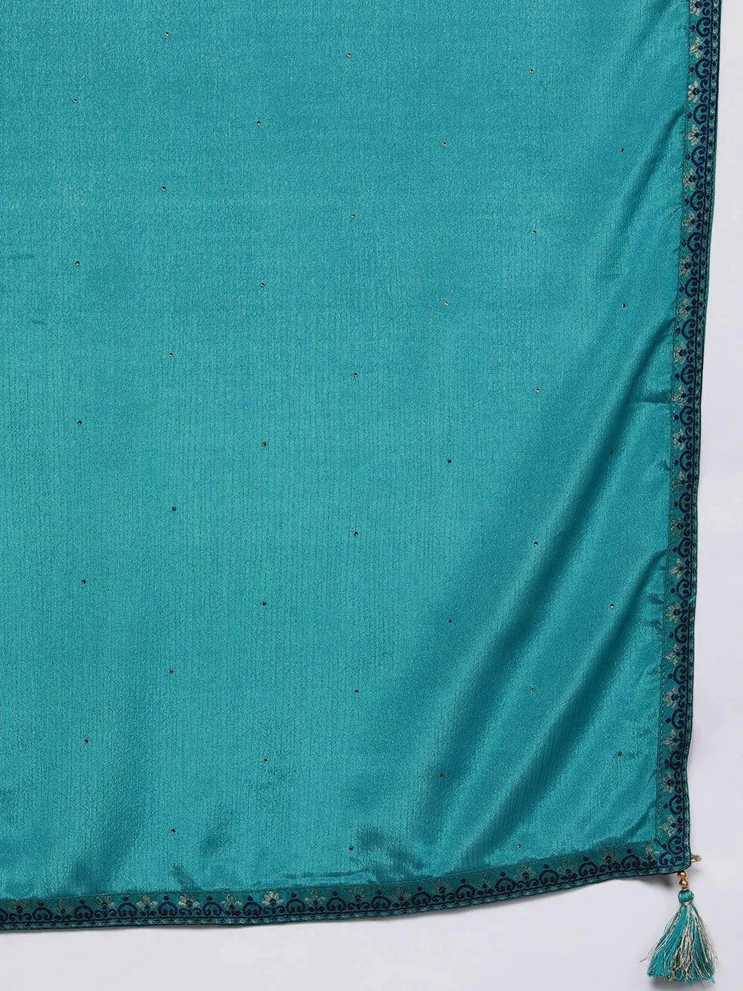 Turquoise Blue Self Design Silk Blend Straight Kurta With Trousers & Dupatta