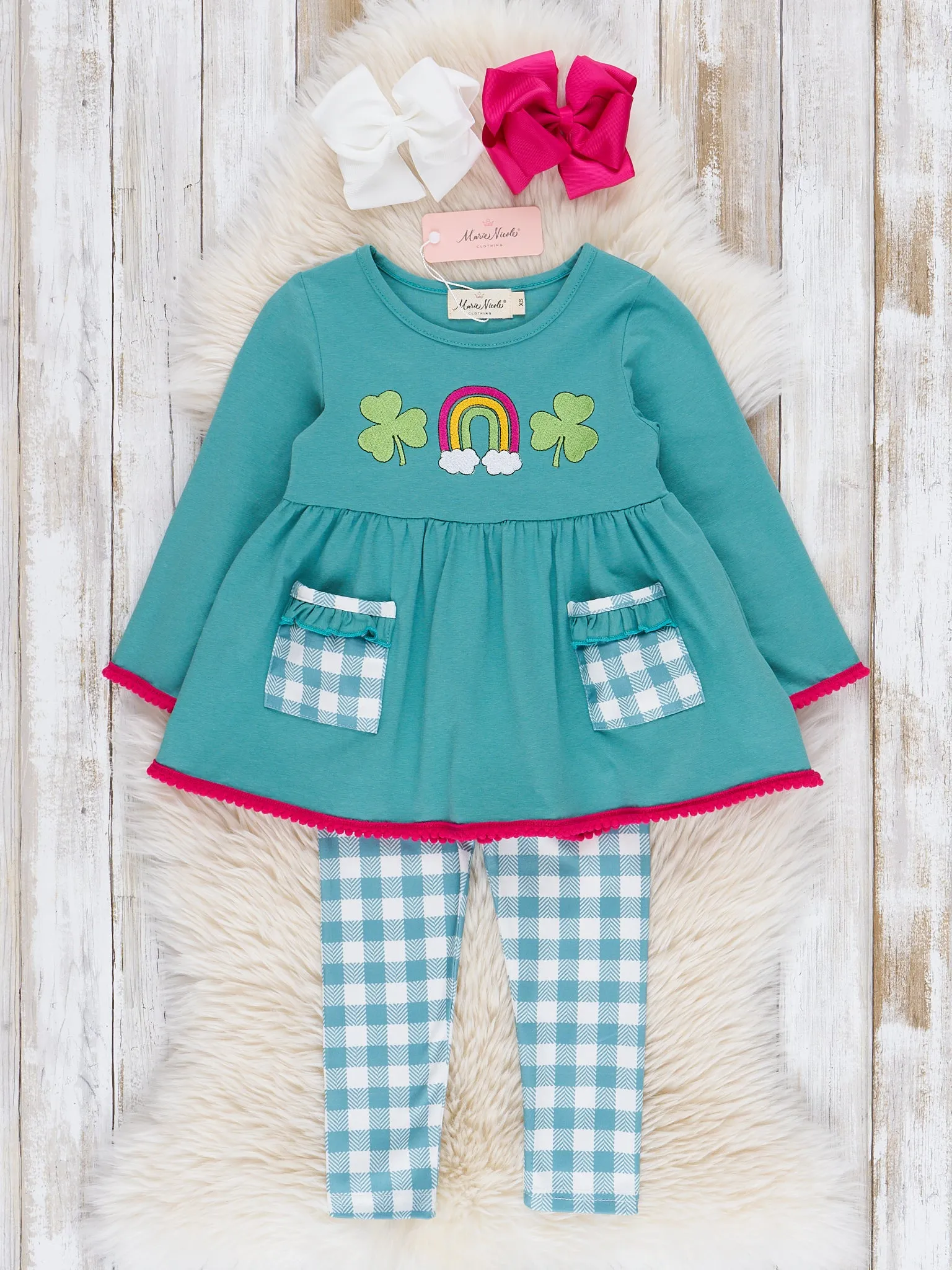 Turquoise Embroidered Rainbow Clover Gingham Pocket Outfit - Restocked!