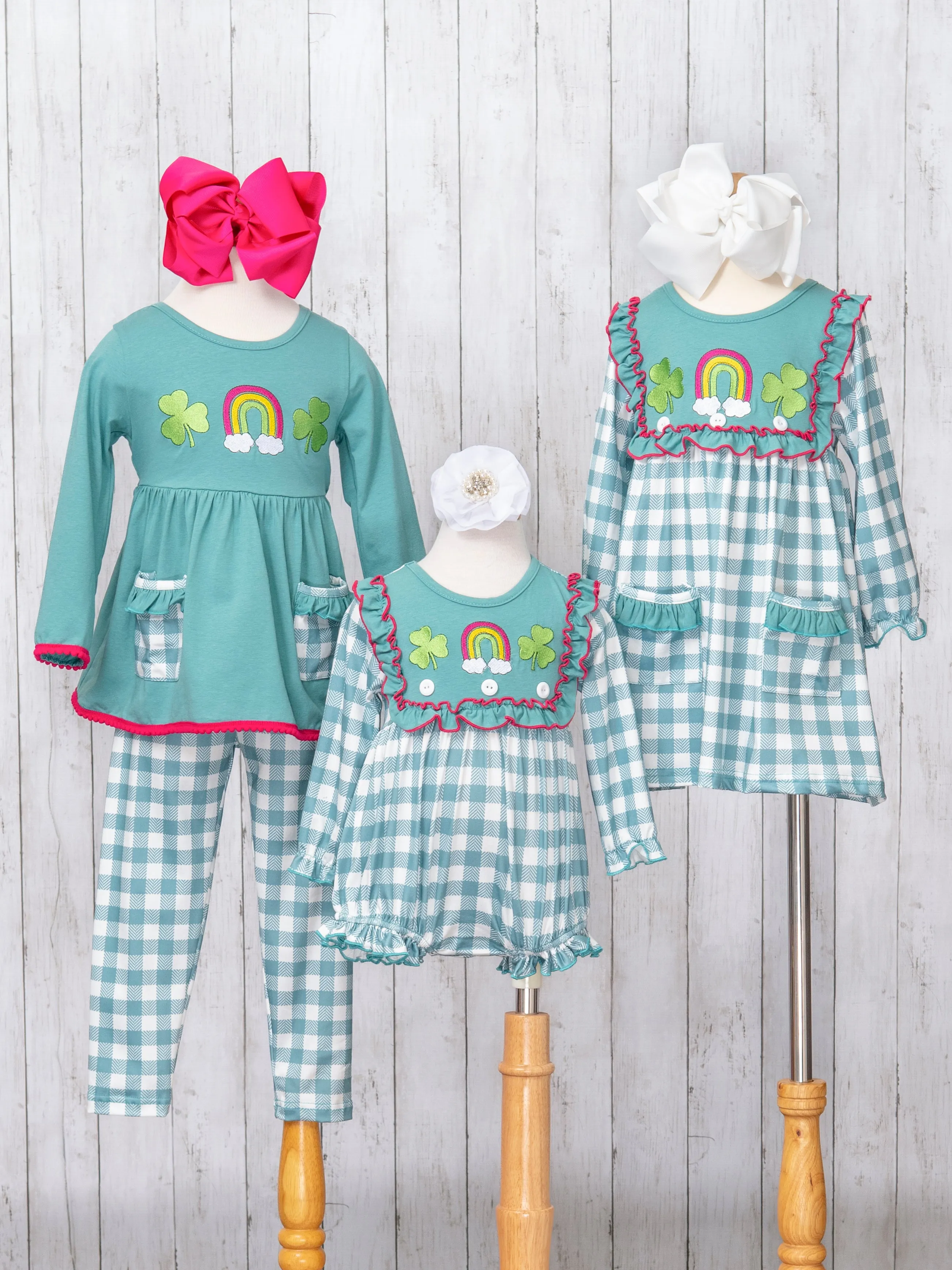 Turquoise Embroidered Rainbow Clover Gingham Pocket Outfit - Restocked!