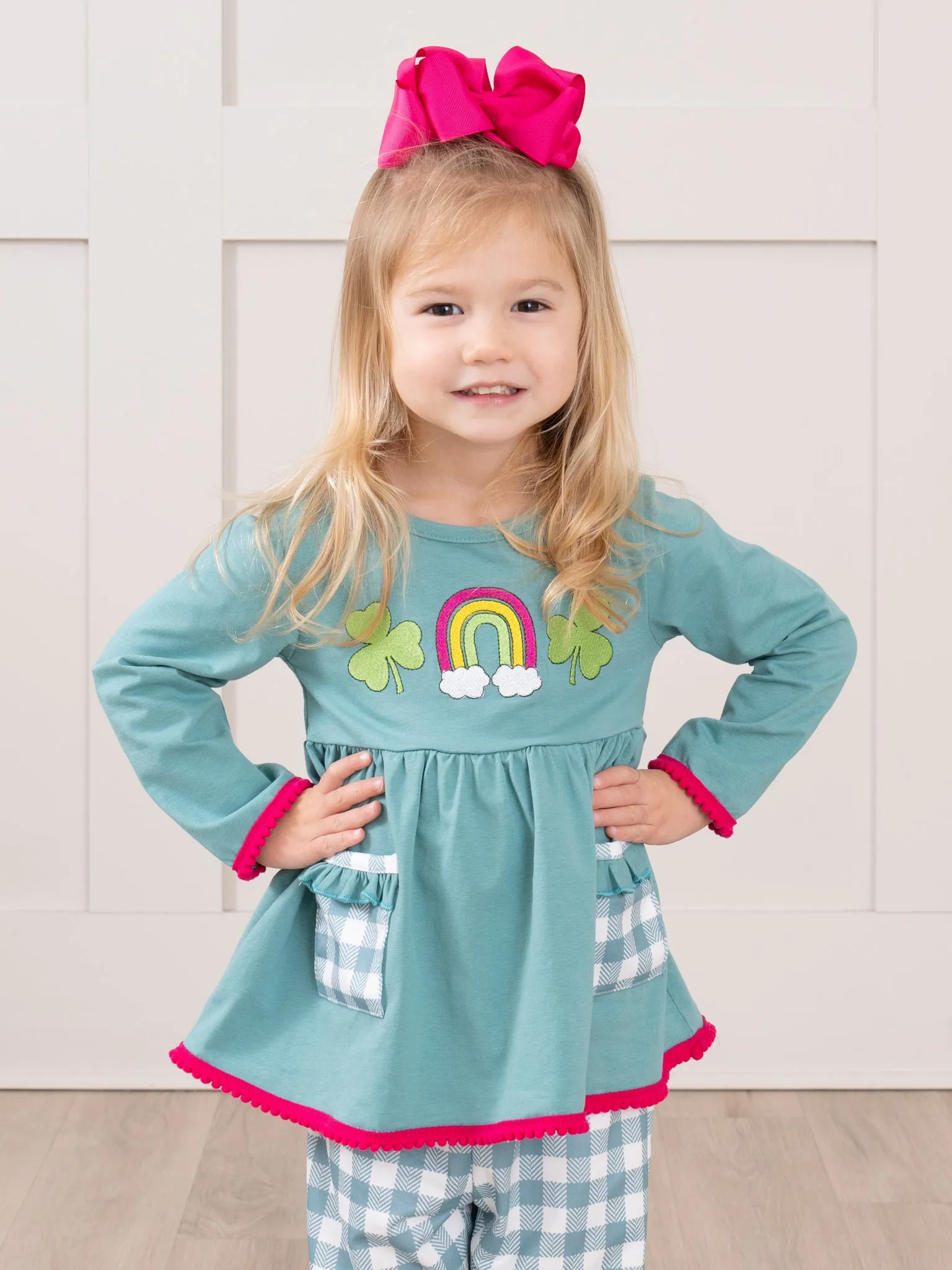 Turquoise Embroidered Rainbow Clover Gingham Pocket Outfit - Restocked!